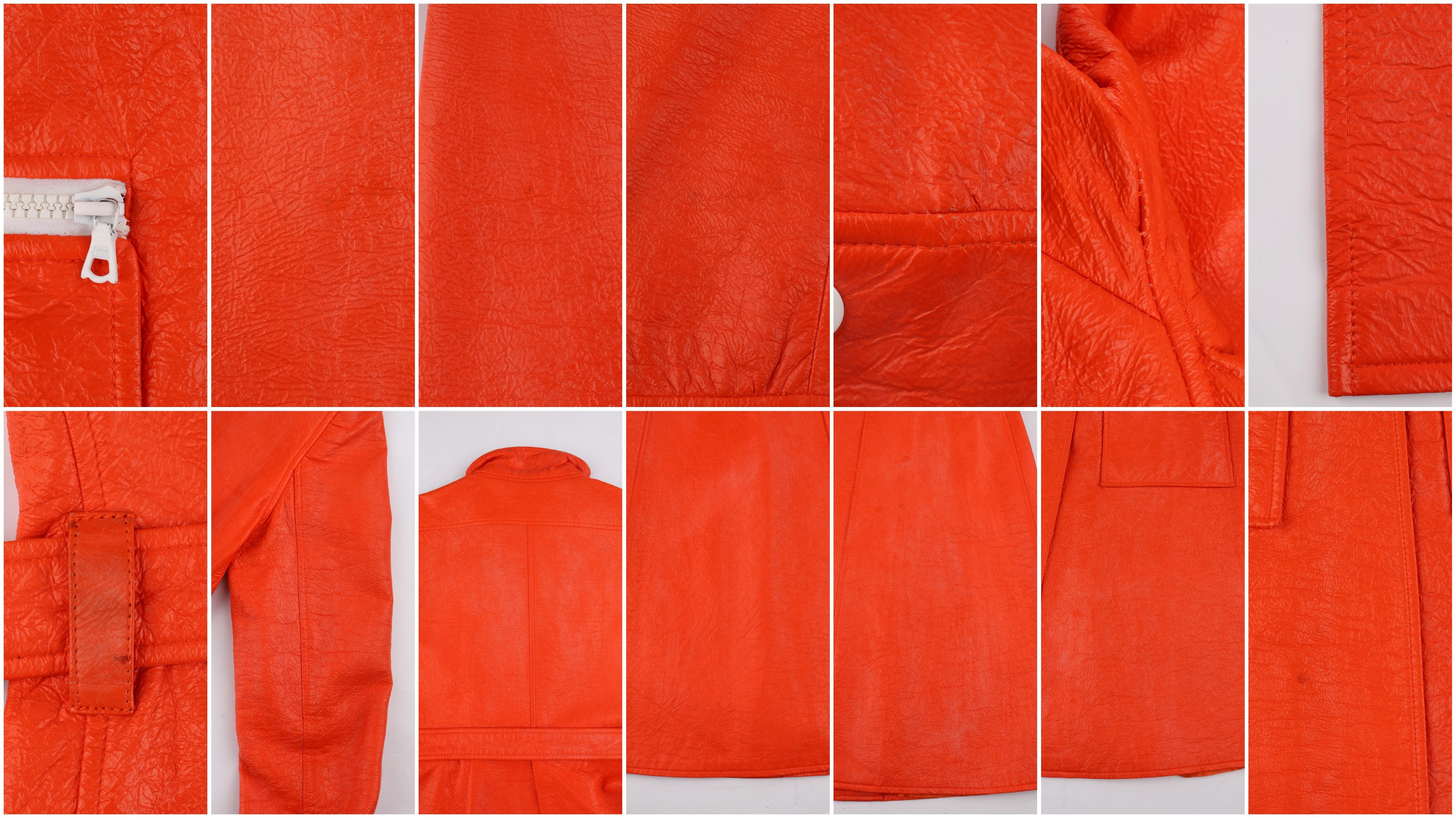 COURREGES c.1972 Orange Textured Vinyl Mod Signature Logo Trench Coat Jacket  7