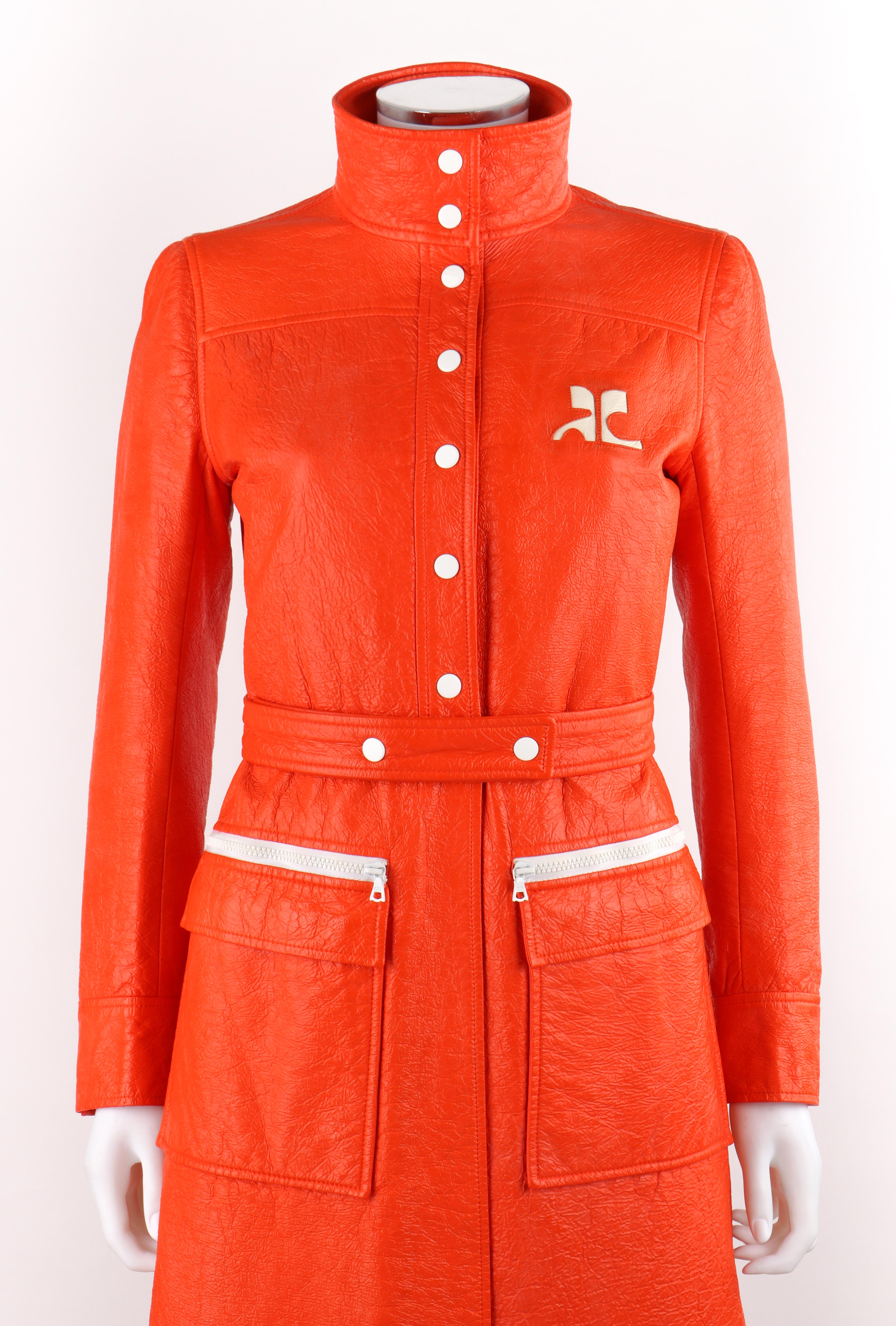 Red COURREGES c.1972 Orange Textured Vinyl Mod Signature Logo Trench Coat Jacket 