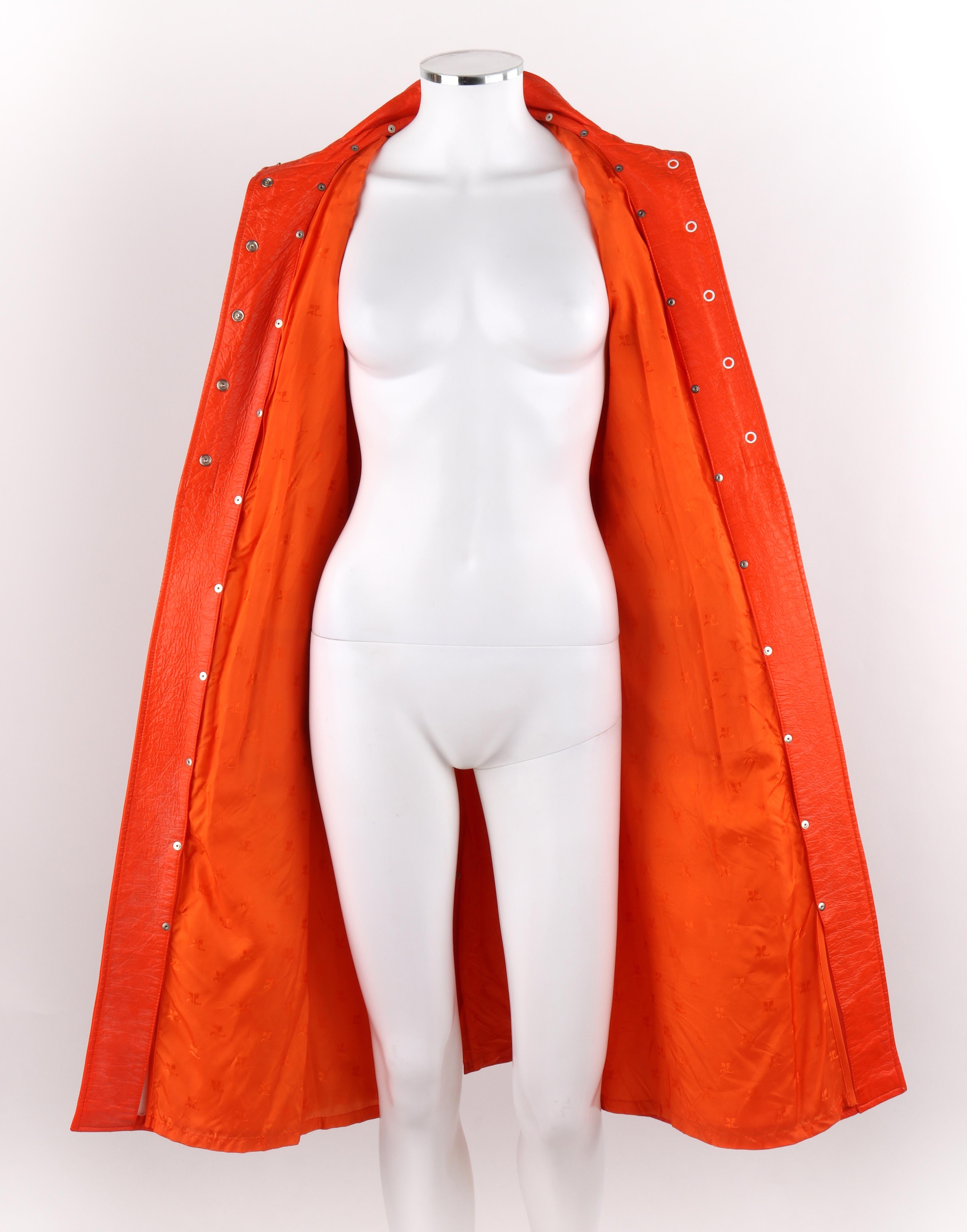 COURREGES c.1972 Orange Textured Vinyl Mod Signature Logo Trench Coat Jacket  4