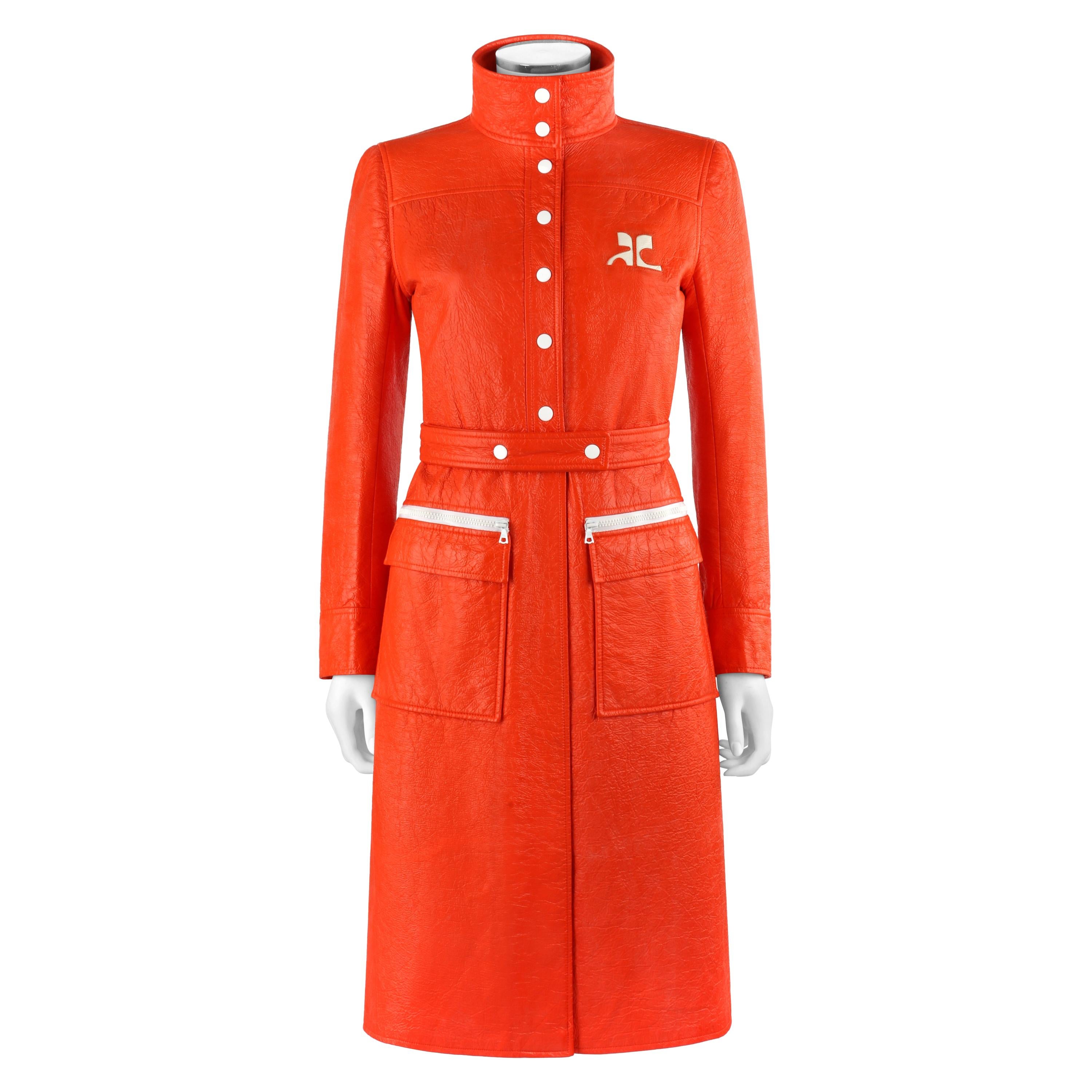 COURREGES c.1972 Orange Textured Vinyl Mod Signature Logo Trench Coat Jacket