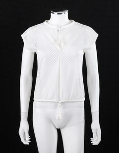COURREGES c.1980's Extended Shoulder White Eyelet Embroided Drawstring Top