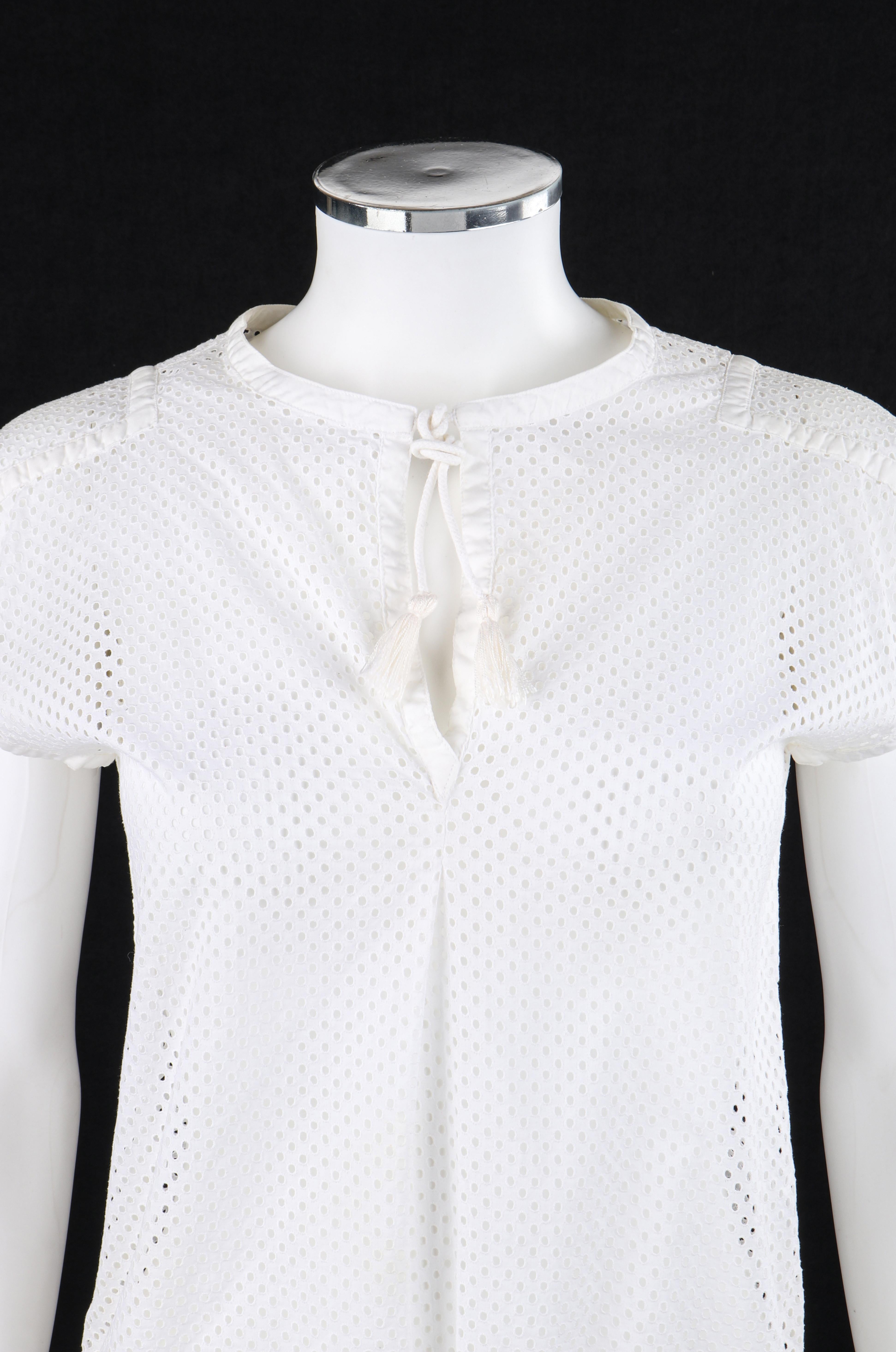 Gray COURREGES c.1980's Extended Shoulder White Eyelet Embroided Drawstring Top  For Sale