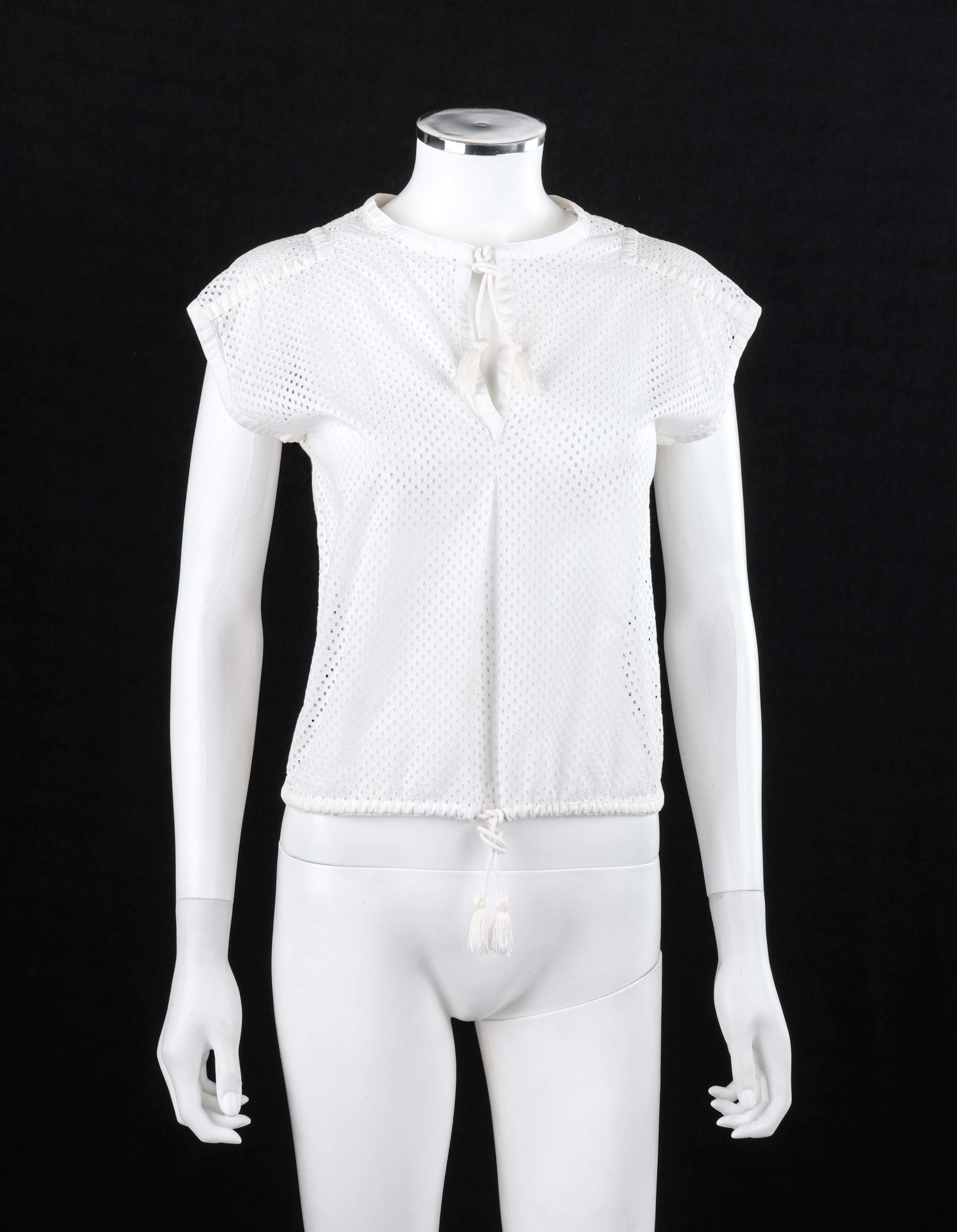 COURREGES c.1980's Extended Shoulder White Eyelet Embroided Drawstring Top  In Good Condition For Sale In Thiensville, WI