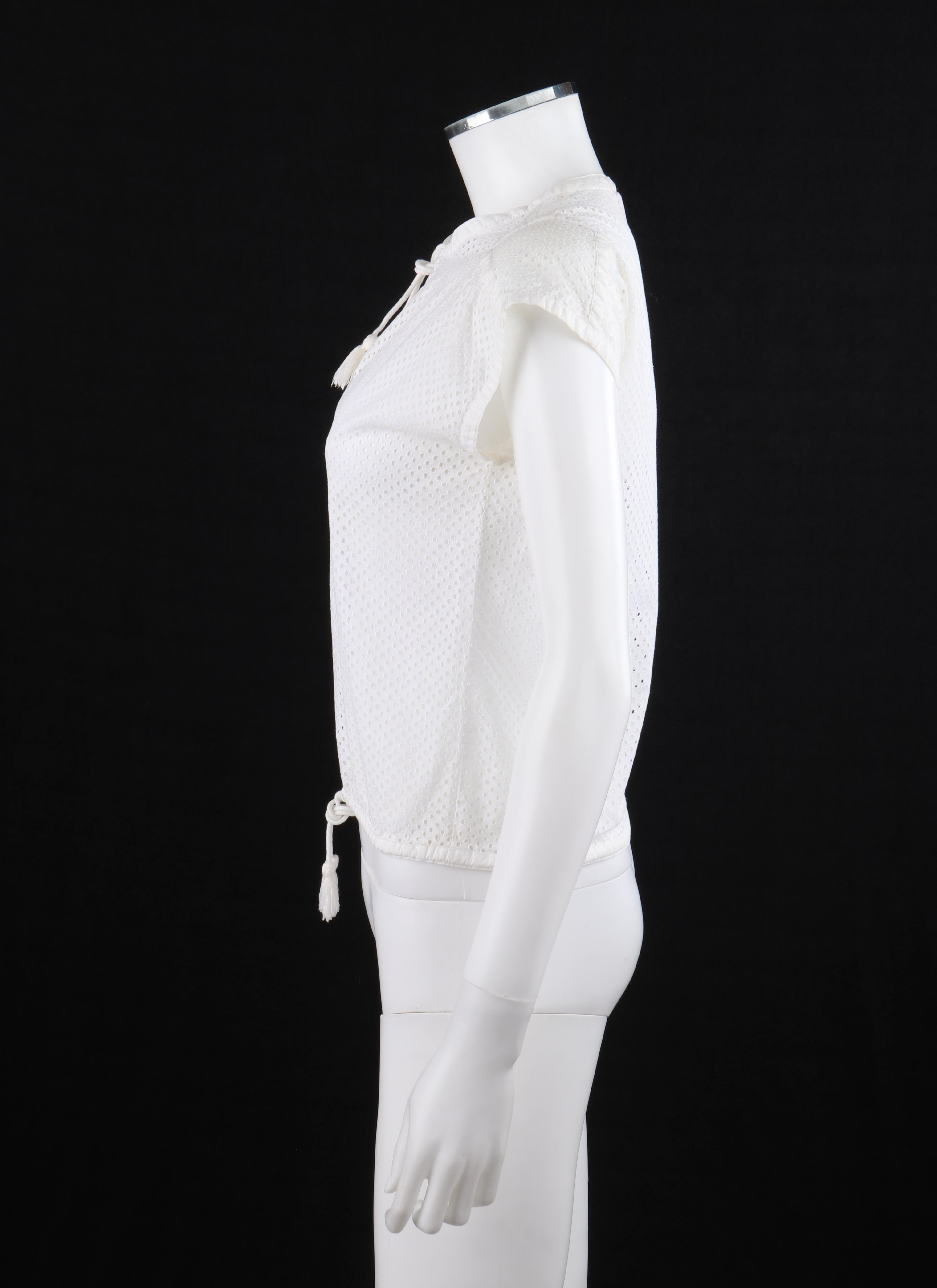 COURREGES c.1980's Extended Shoulder White Eyelet Embroided Drawstring Top  For Sale 2