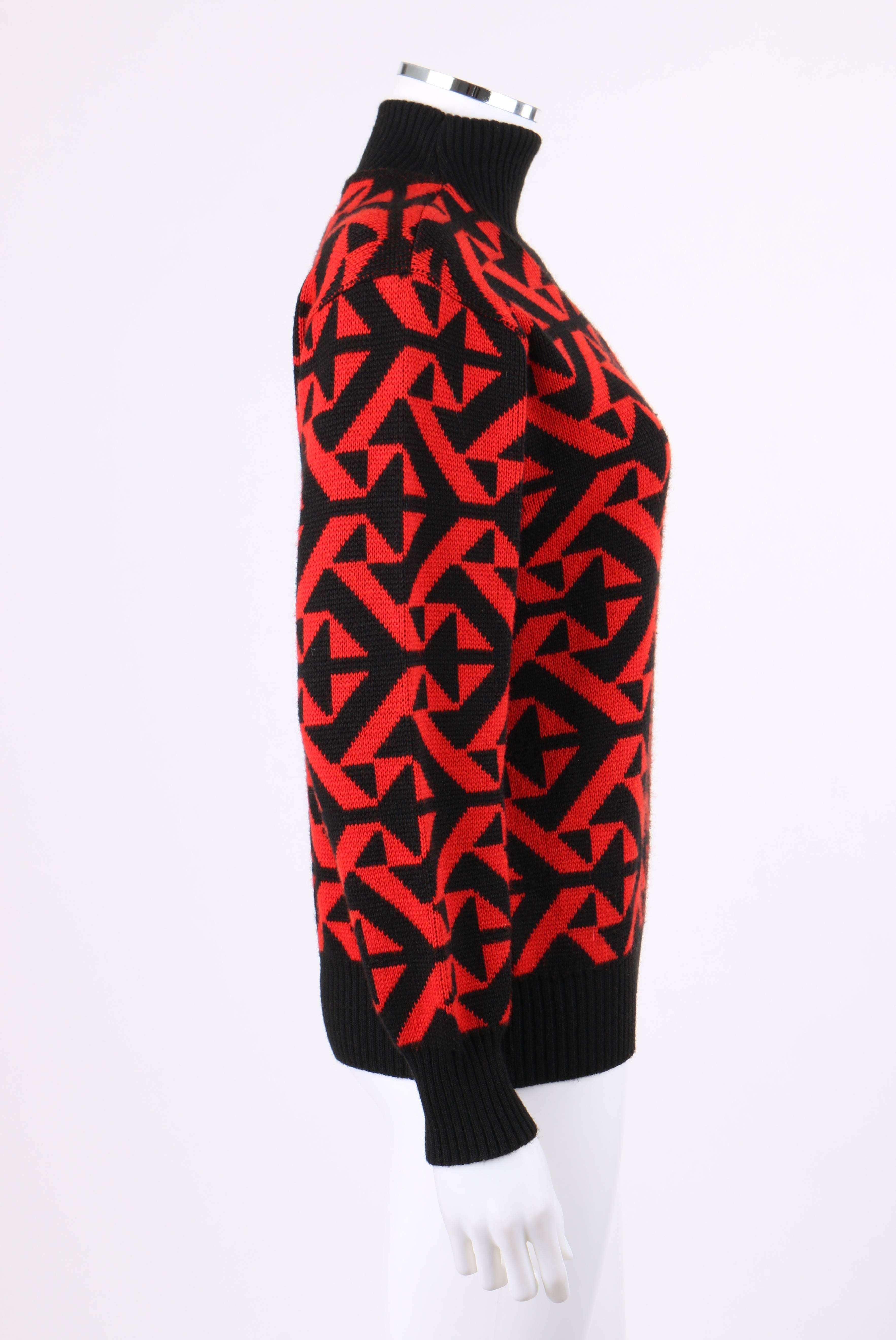 COURREGES c.1980's Red & Black Geometric Op Art Wool Knit Mock Neck Sweater In Excellent Condition In Thiensville, WI