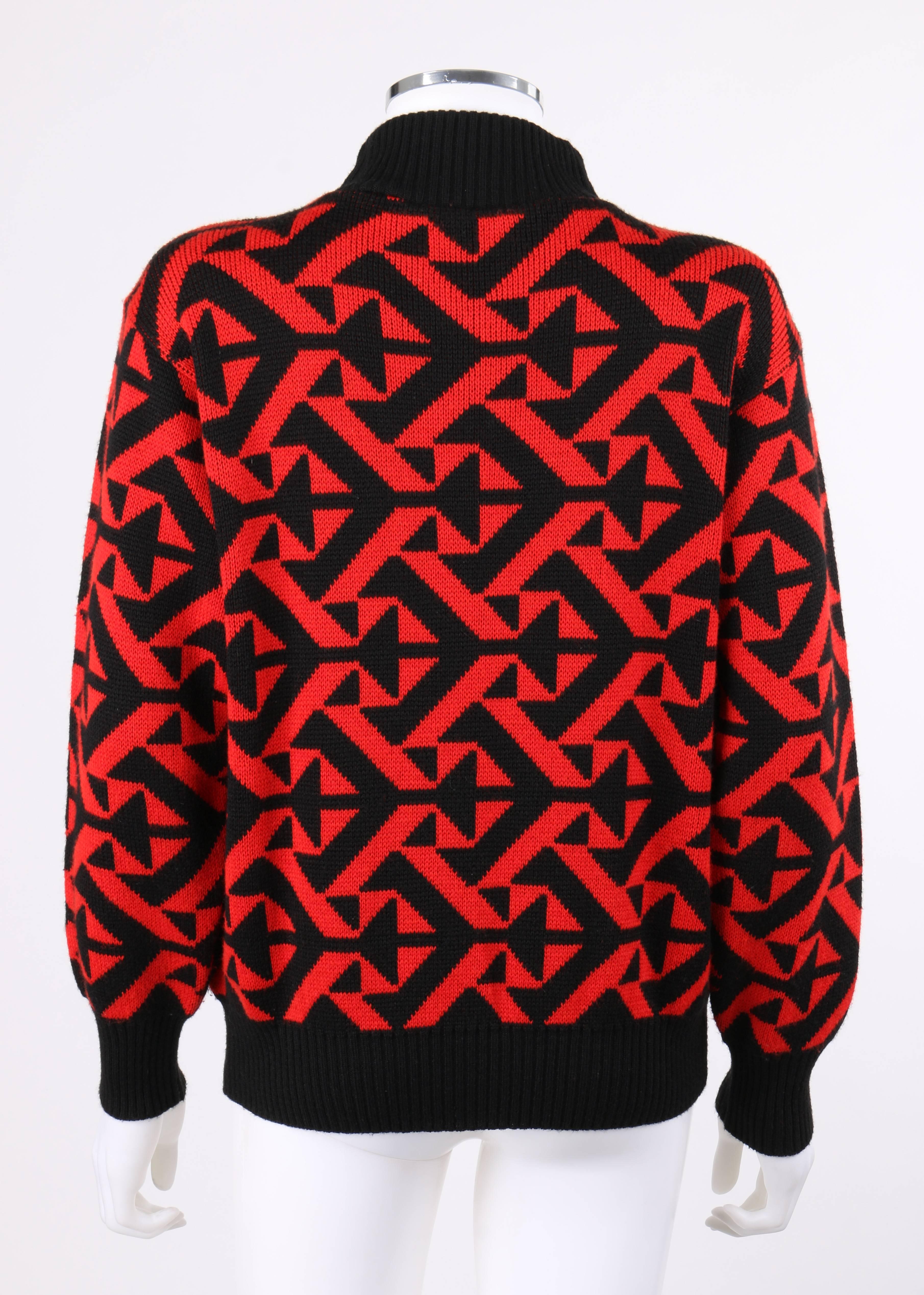 Women's COURREGES c.1980's Red & Black Geometric Op Art Wool Knit Mock Neck Sweater