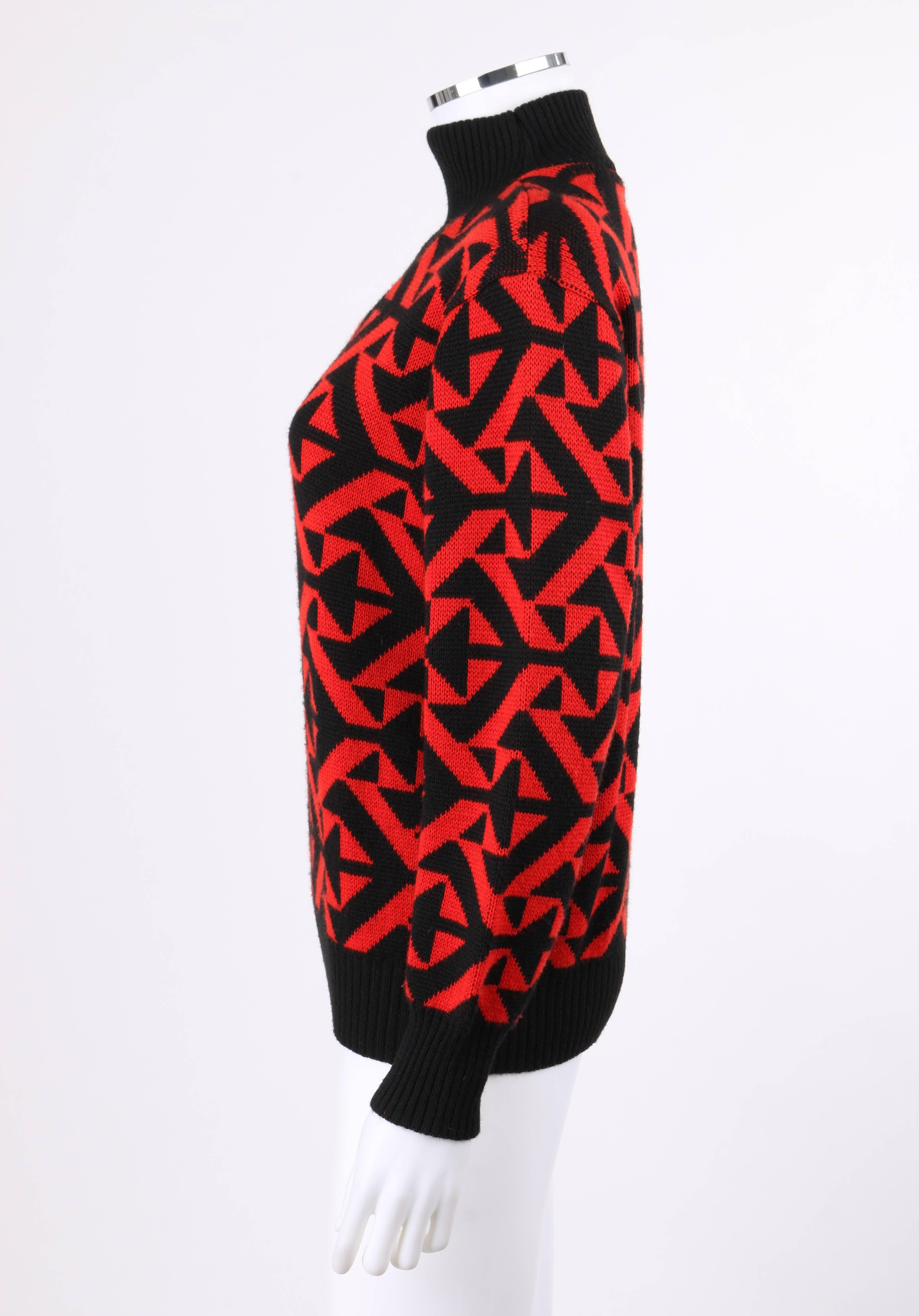COURREGES c.1980's Red & Black Geometric Op Art Wool Knit Mock Neck Sweater 1