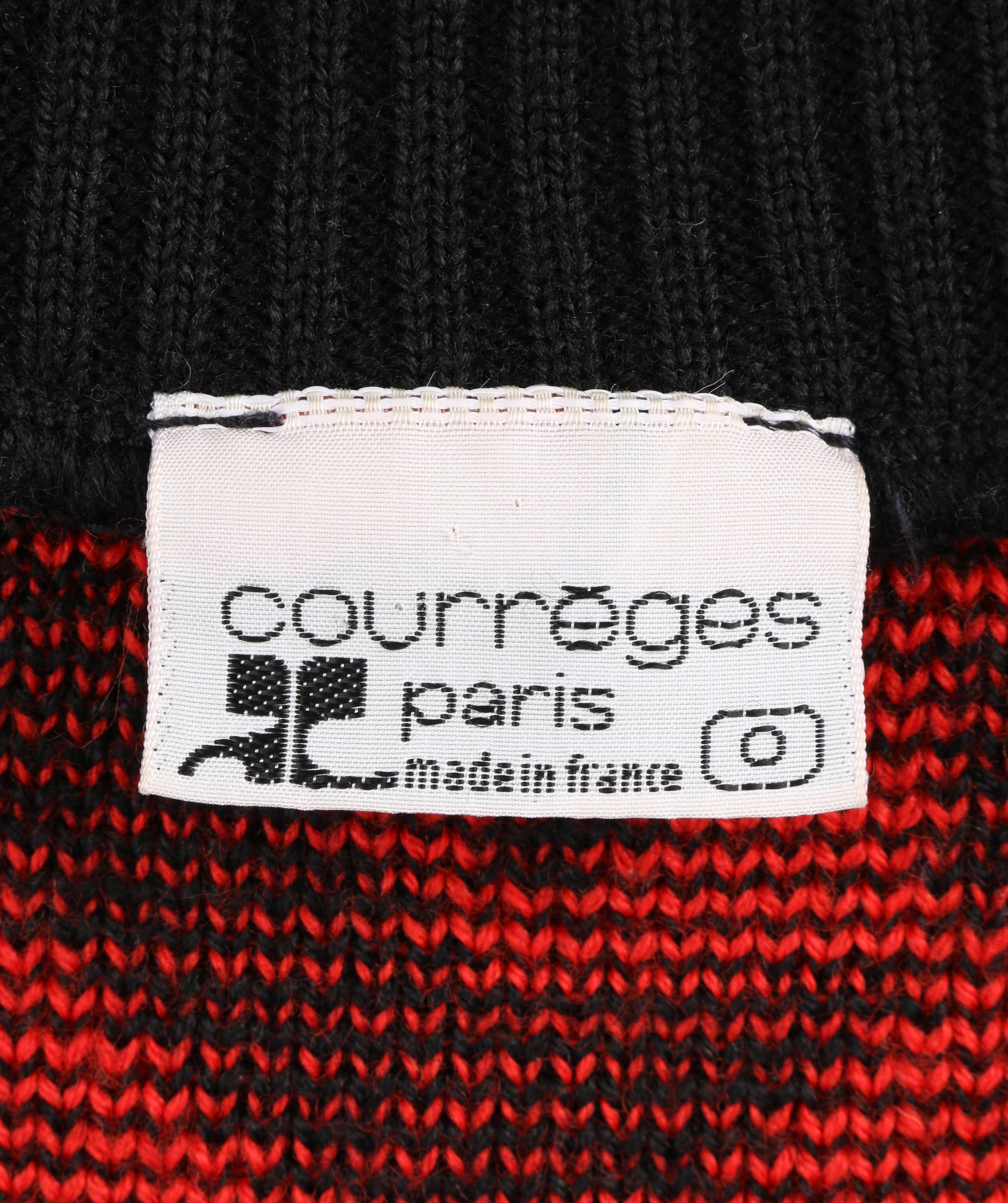COURREGES c.1980's Red & Black Geometric Op Art Wool Knit Mock Neck Sweater 2