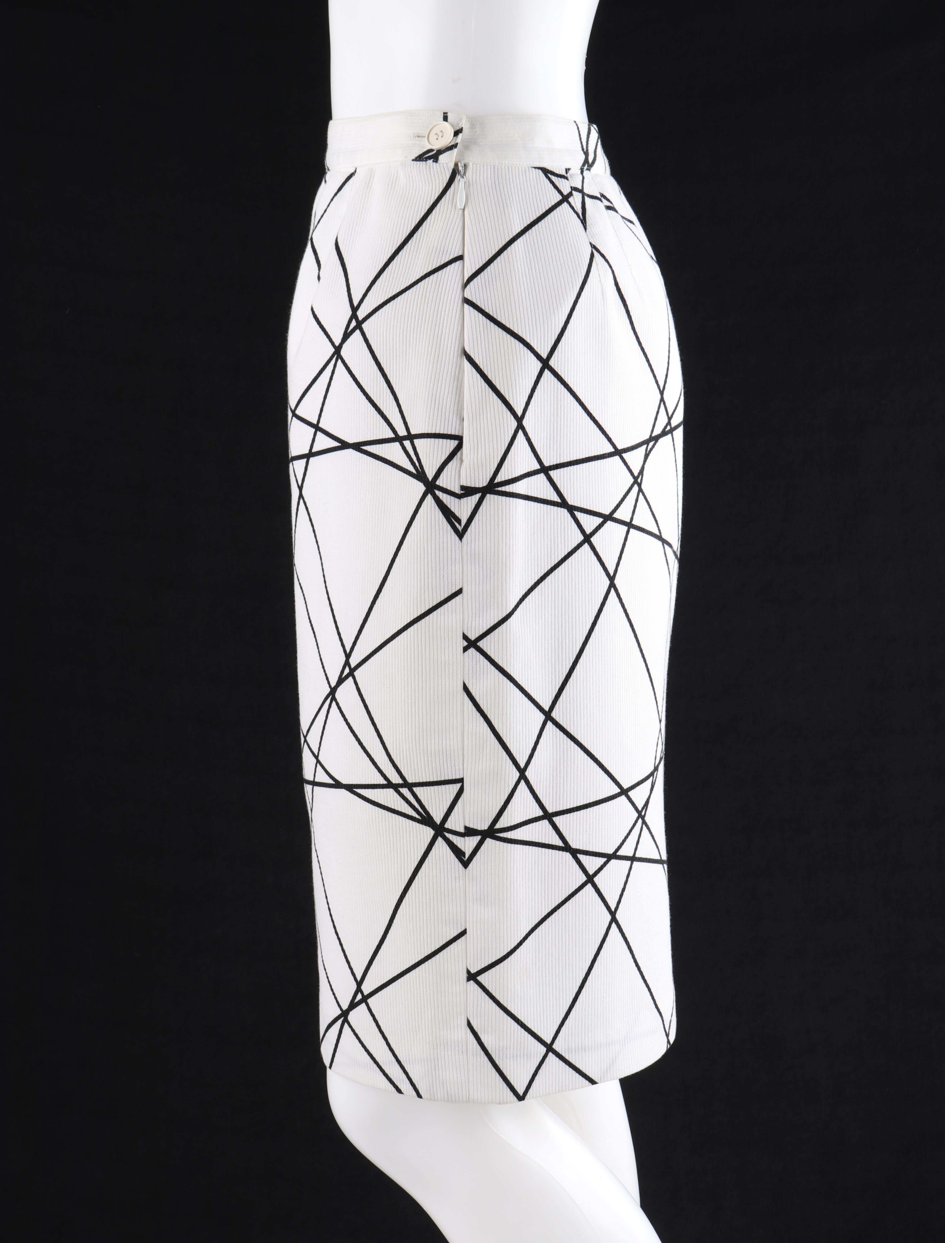 COURREGES c.1980’s White Black Geometric Abstract Print Ribbed Sheath Skirt 1