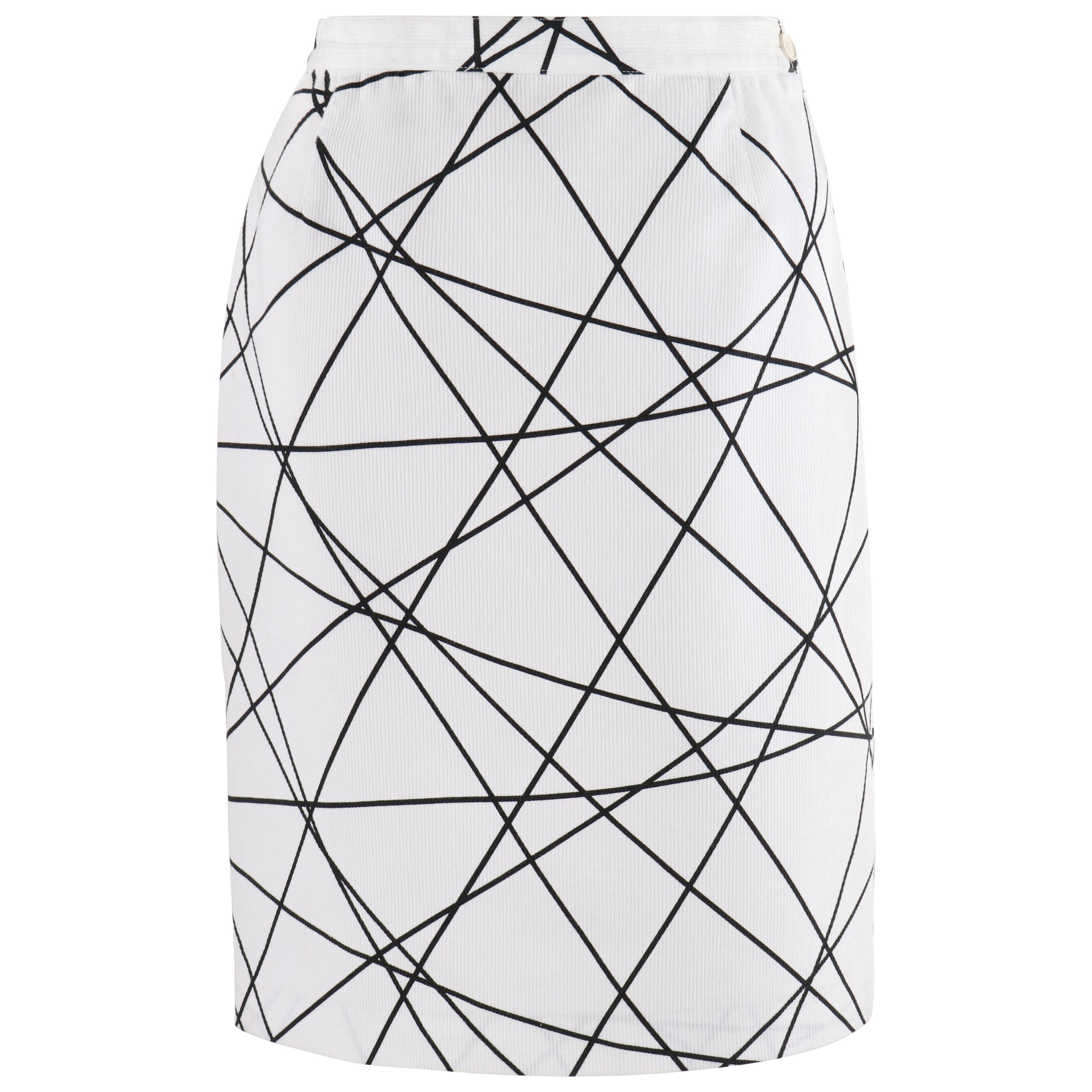 COURREGES c.1980’s White Black Geometric Abstract Print Ribbed Sheath Skirt