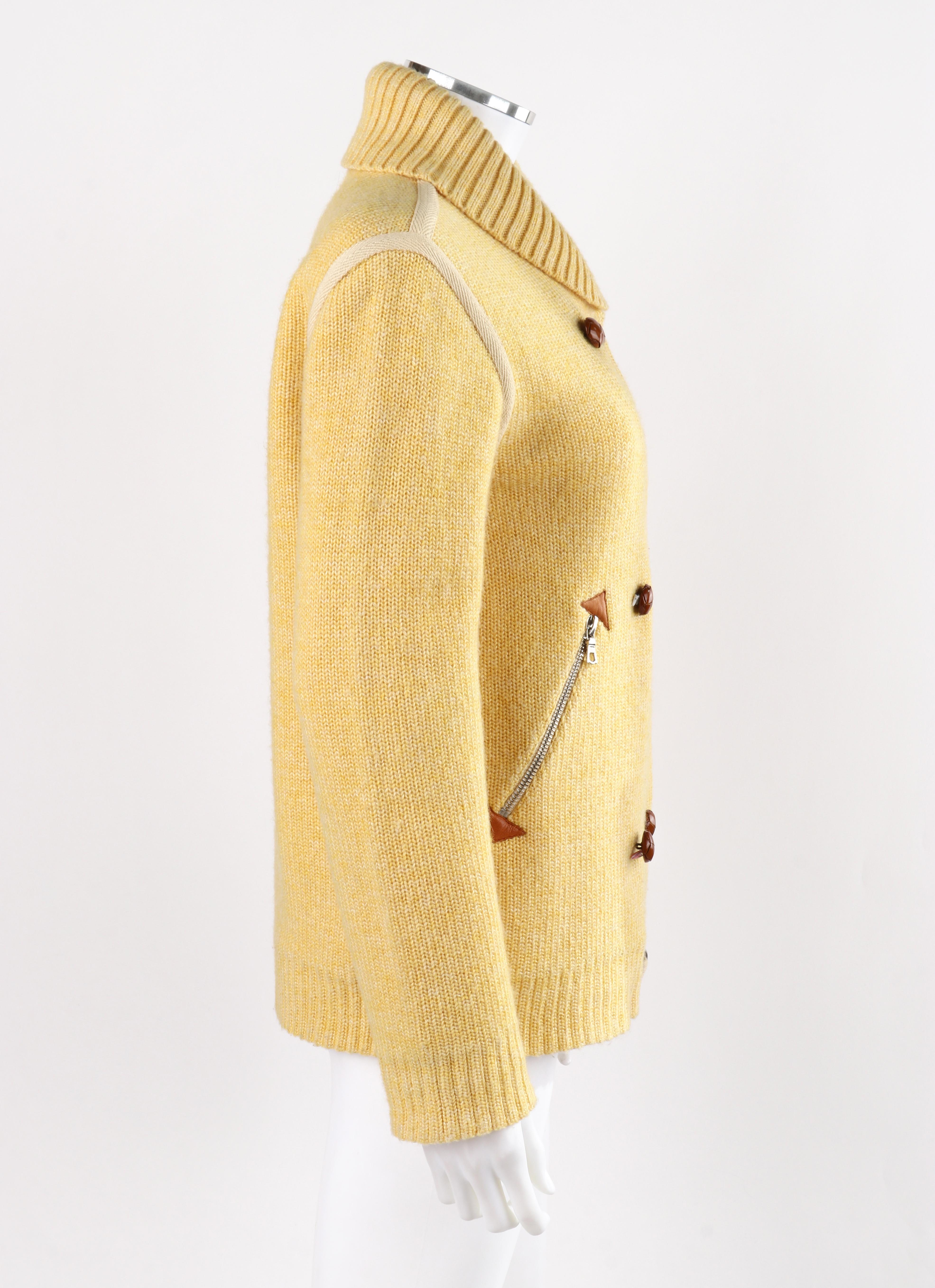 COURREGES c.1980’s Yellow Knit Double Breasted Leather Cardigan Sweater Jacket In Good Condition In Thiensville, WI