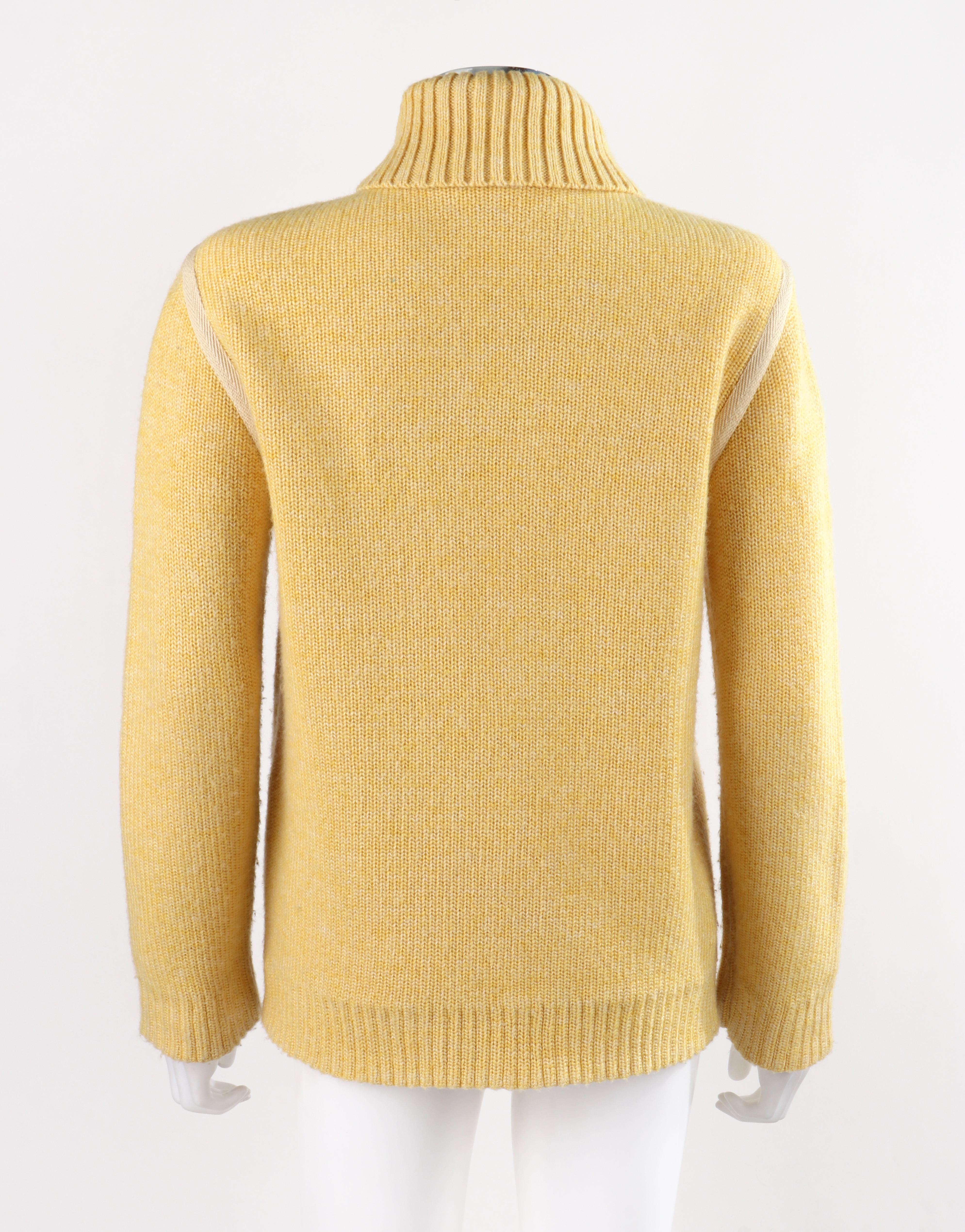 Women's COURREGES c.1980’s Yellow Knit Double Breasted Leather Cardigan Sweater Jacket