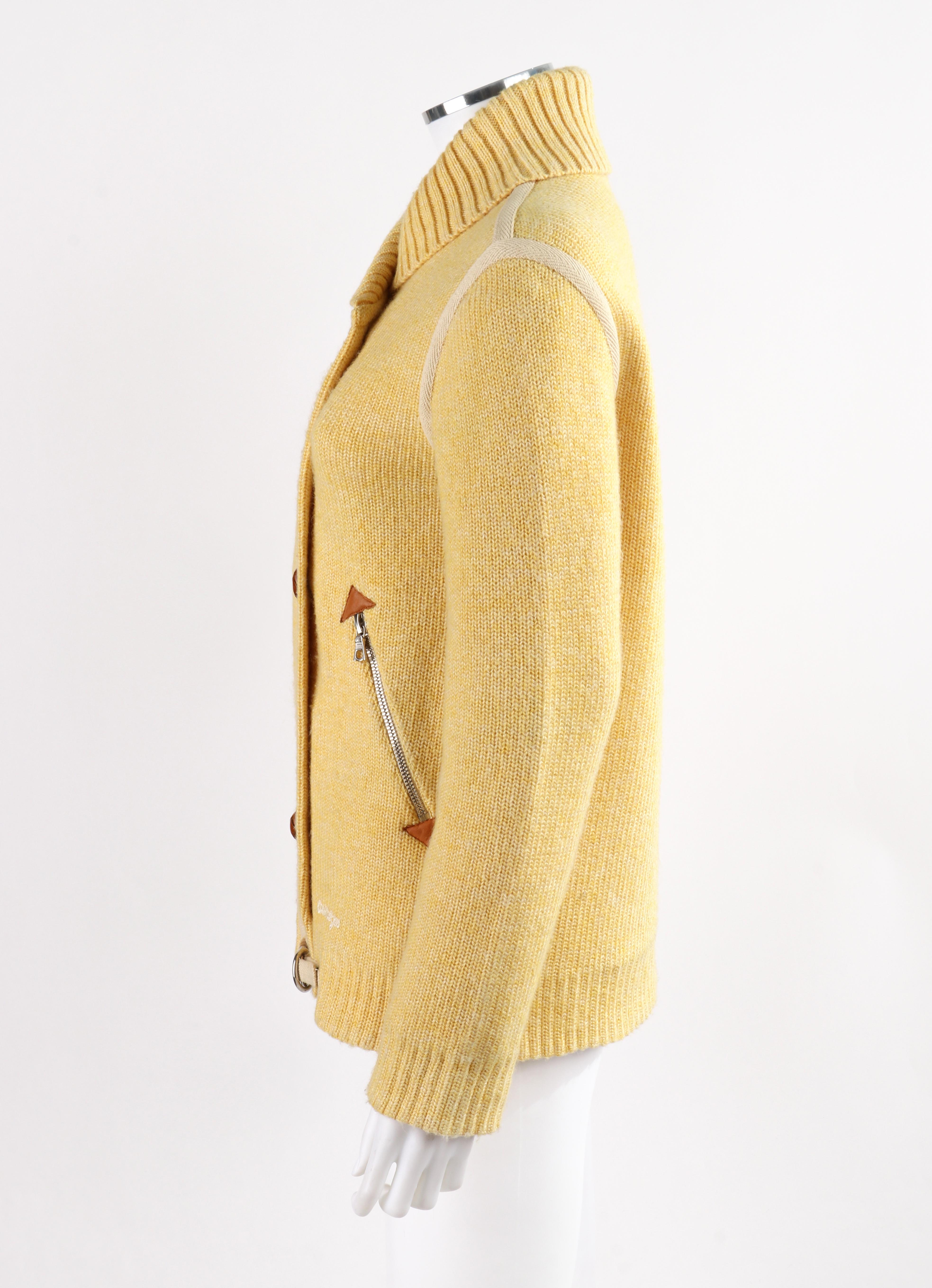 COURREGES c.1980’s Yellow Knit Double Breasted Leather Cardigan Sweater Jacket 1