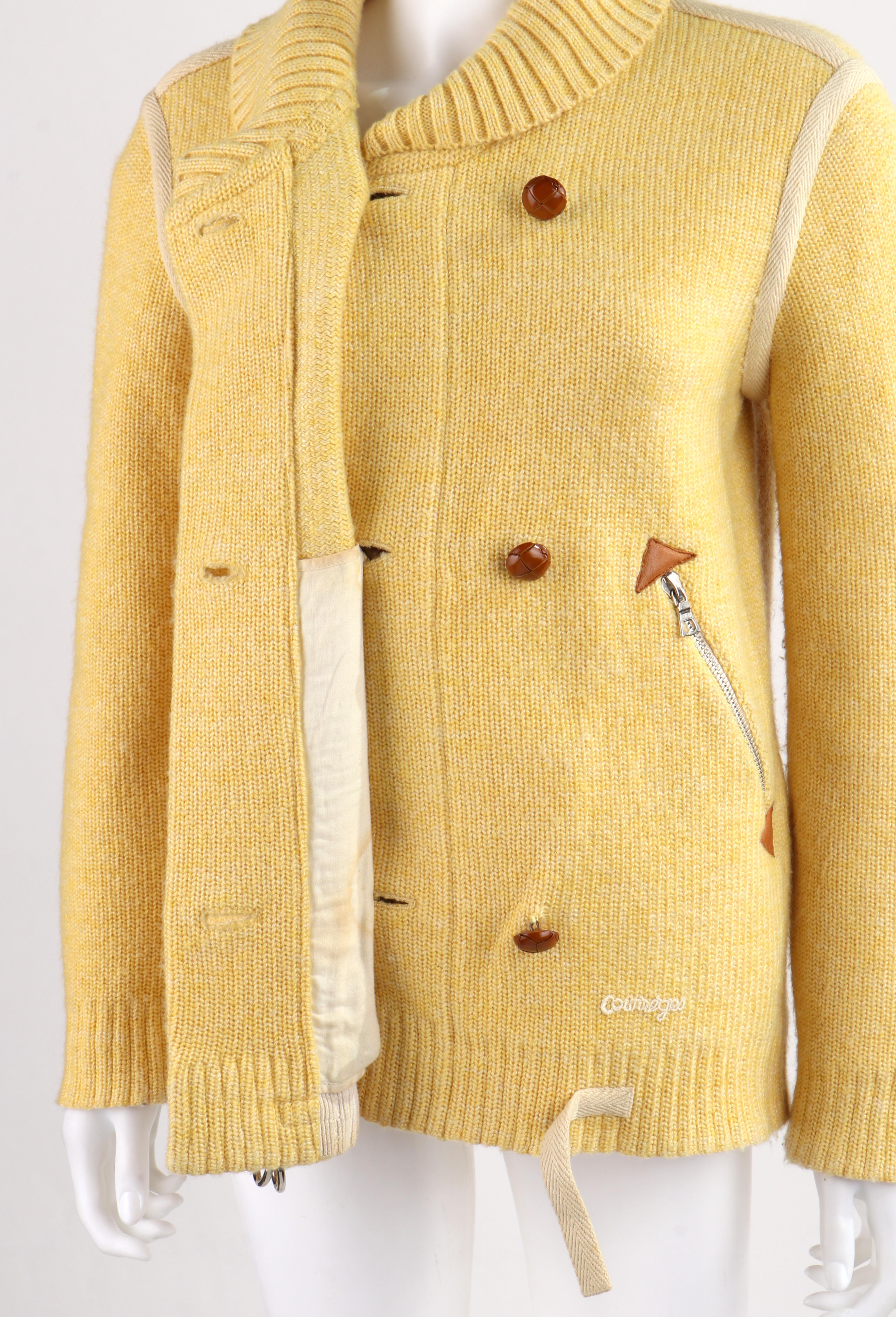 COURREGES c.1980’s Yellow Knit Double Breasted Leather Cardigan Sweater Jacket 2