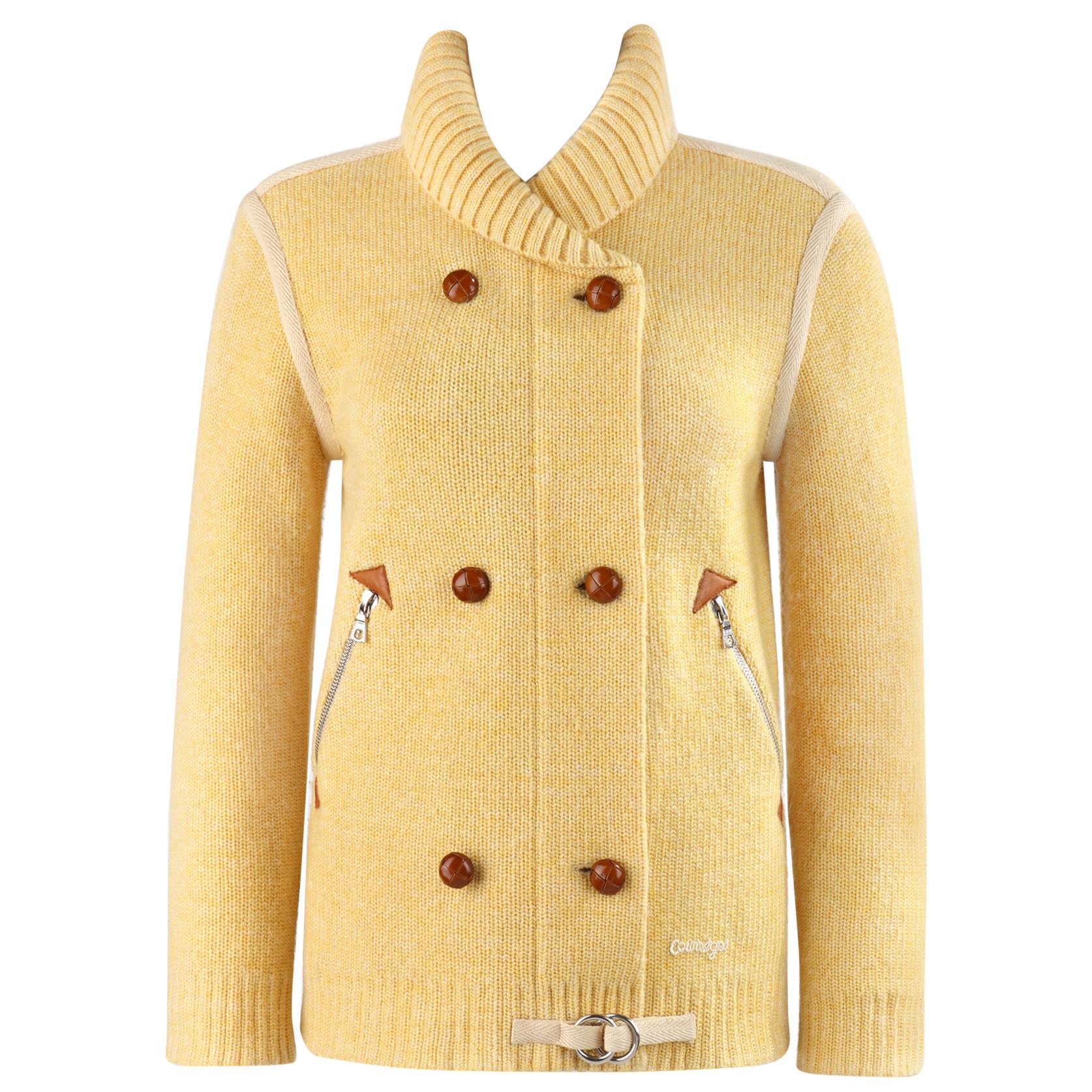 COURREGES c.1980’s Yellow Knit Double Breasted Leather Cardigan Sweater Jacket