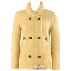 COURREGES c.1980’s Yellow Knit Double Breasted Leather Cardigan Sweater Jacket