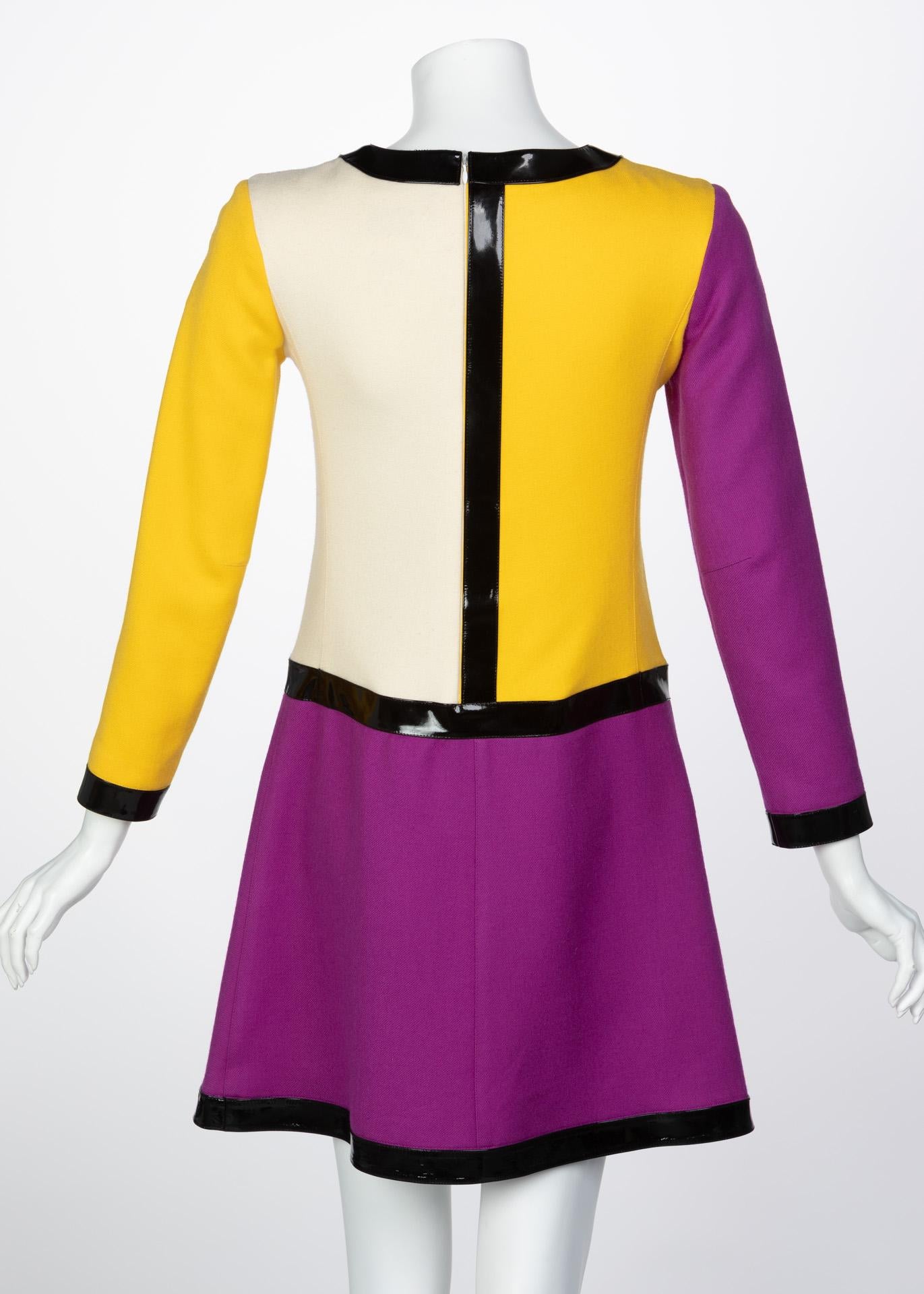 Purple Courrèges Wool Color Block Patent Leather Mondrian Mini Dress, 1960s