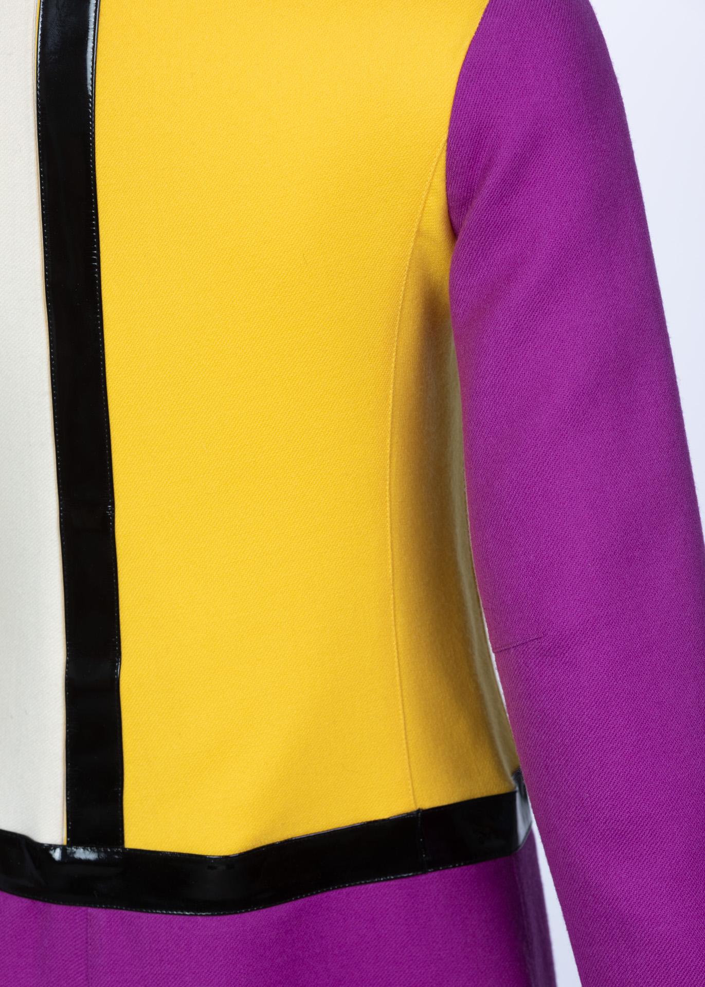 Women's Courrèges Wool Color Block Patent Leather Mondrian Mini Dress, 1960s