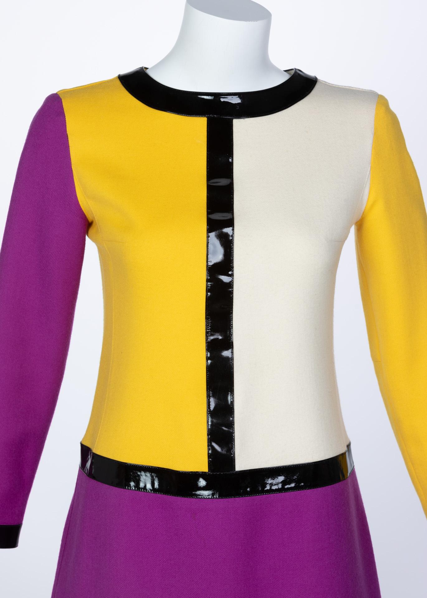 Courrèges Wool Color Block Patent Leather Mondrian Mini Dress, 1960s 2