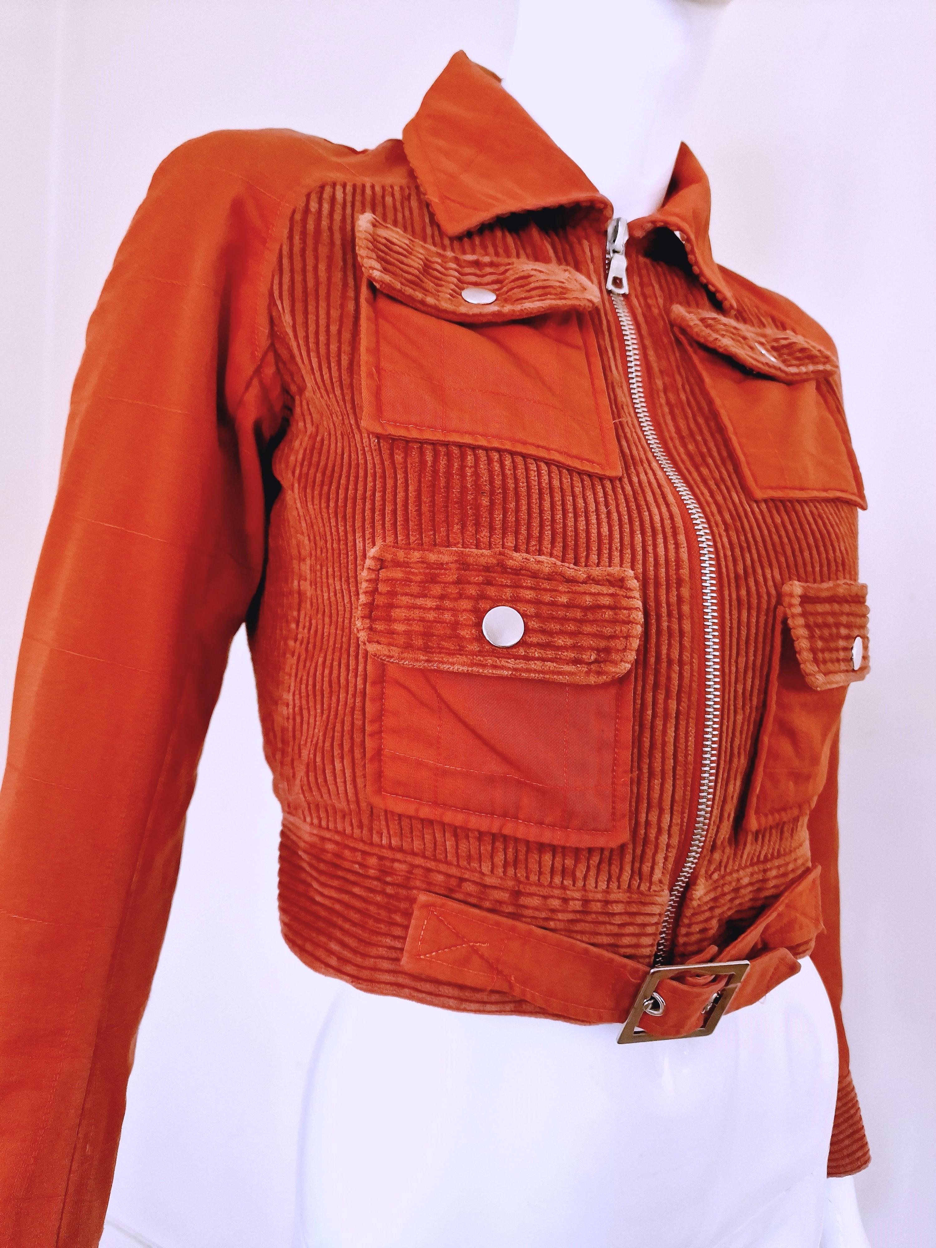Rouge Courrèges Courreges Cargo Military Pocket Cord Metal Crop Vintage XS Top Jacket en vente