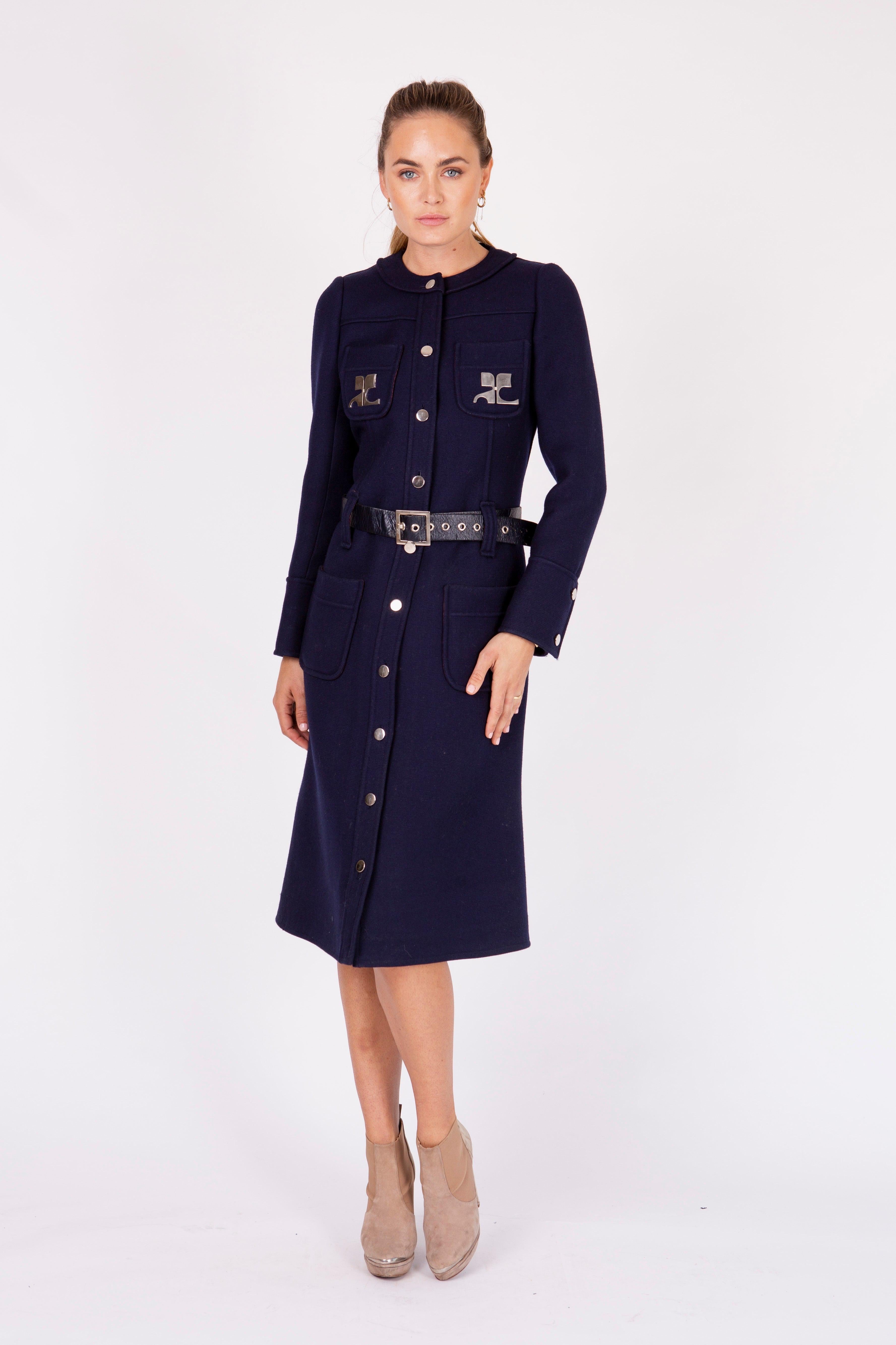 Courreges Couture 60's wool coat with metal logos and numbered label In Excellent Condition For Sale In BELLEVUE HILL, NSW