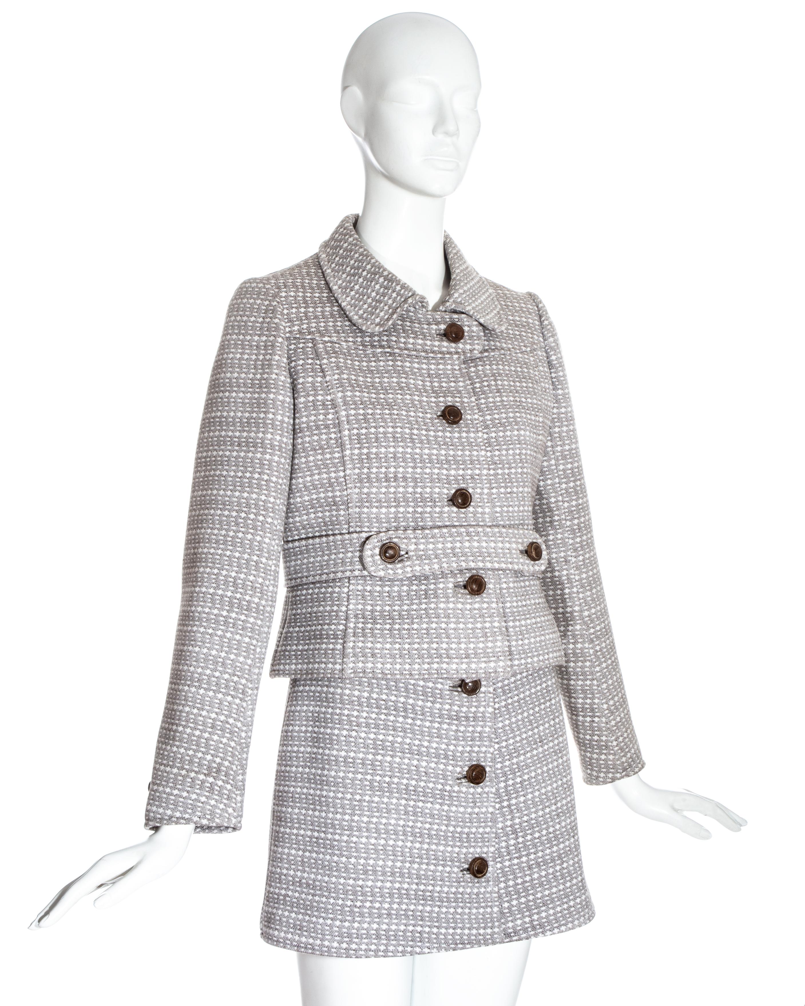 Gray Courreges couture brown wool mini skirt suit, c. 1969 For Sale