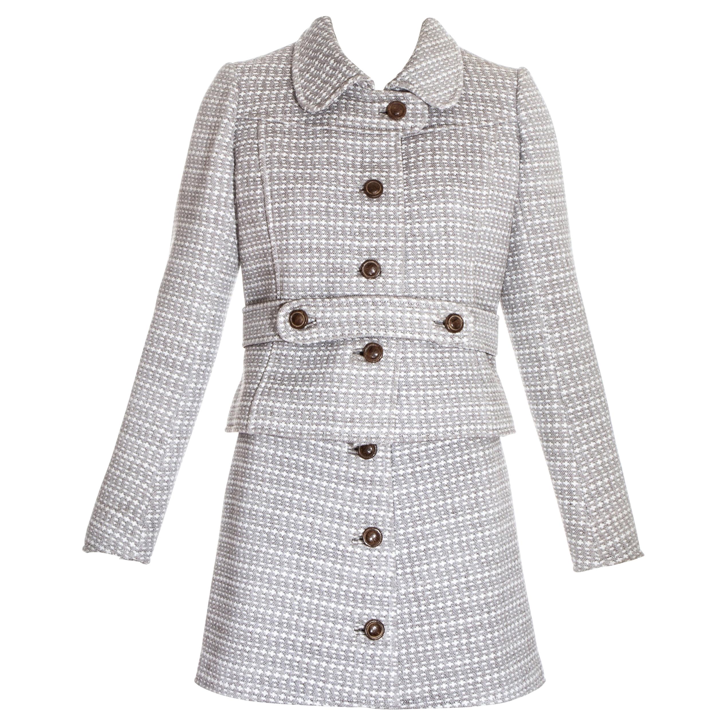 Courreges couture brown wool mini skirt suit, c. 1969 For Sale