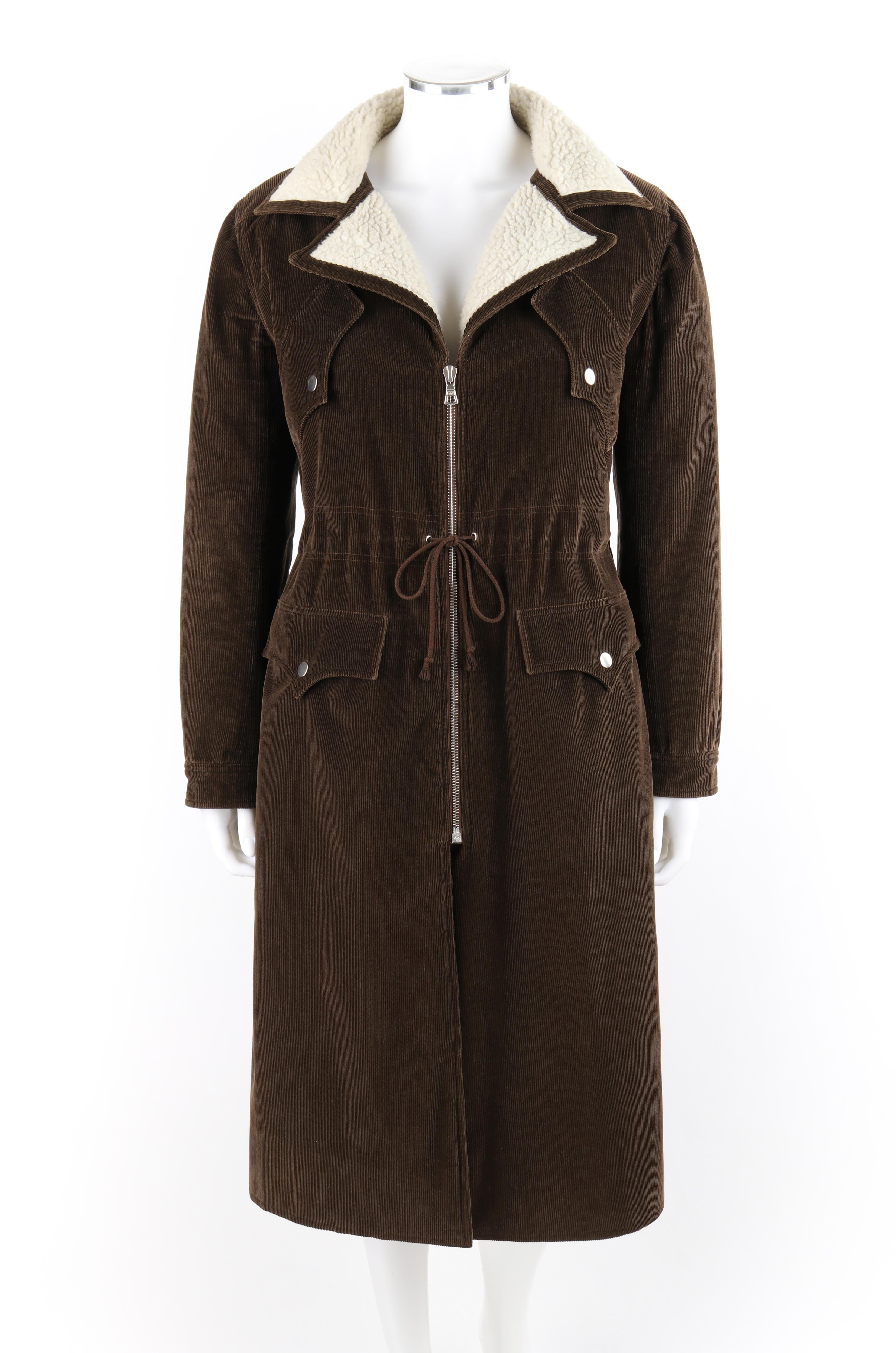 Black COURREGES Couture Future c.1970’s Brown Corduroy Cinched Waist Long Coat Jacket For Sale