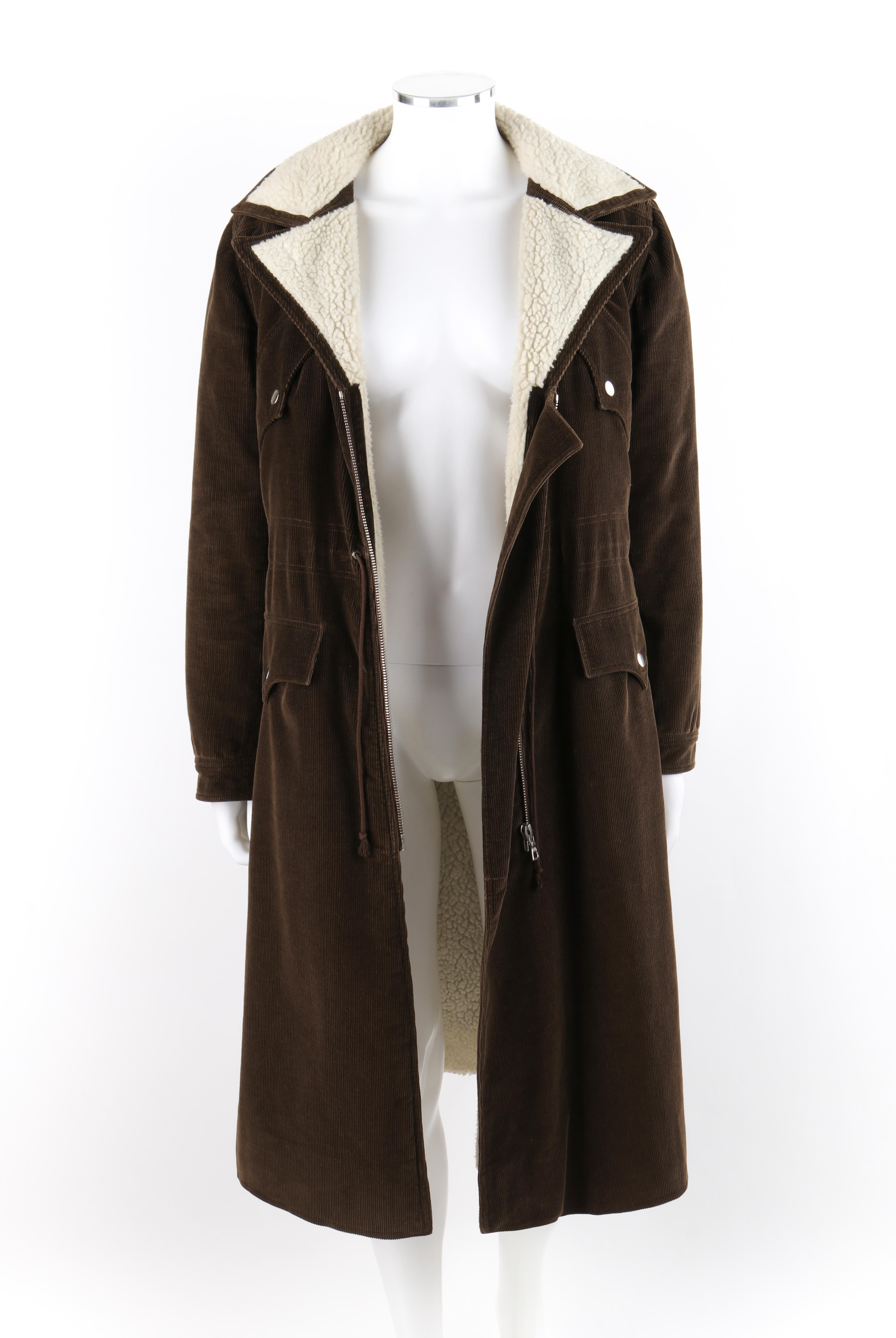 COURREGES Couture Future c.1970’s Brown Corduroy Cinched Waist Long Coat Jacket For Sale 3