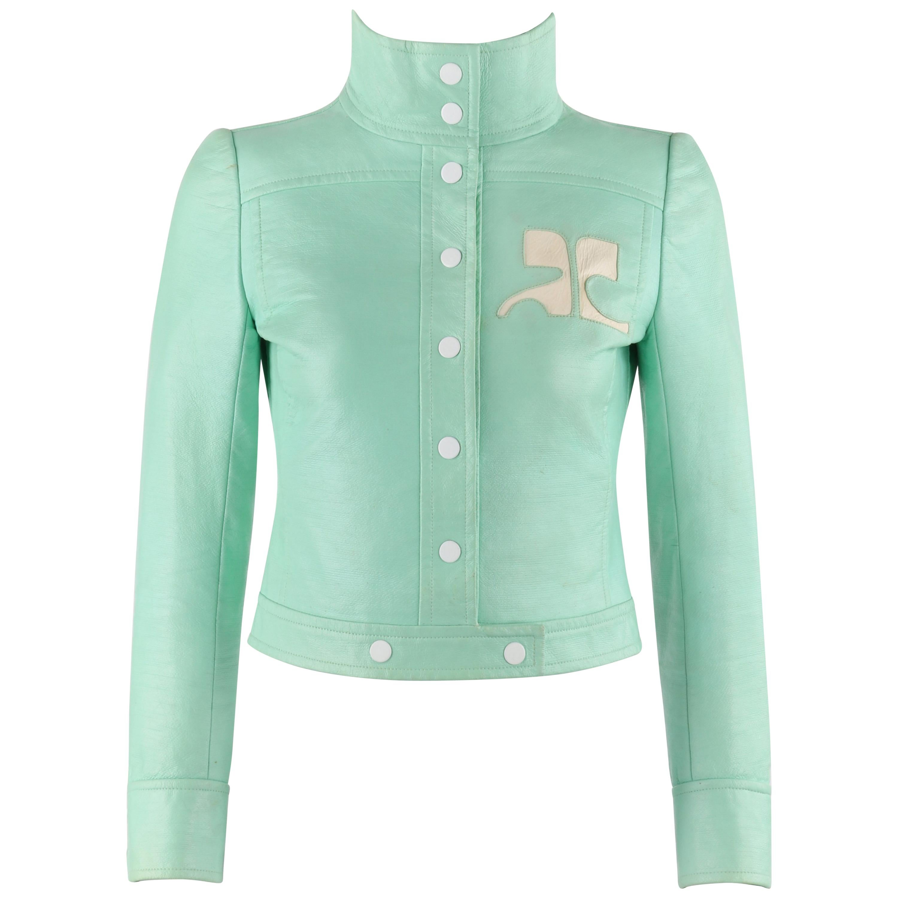 COURREGES Couture Future c.1970's Mint Green Vinyl Signature Logo Cropped Jacket
