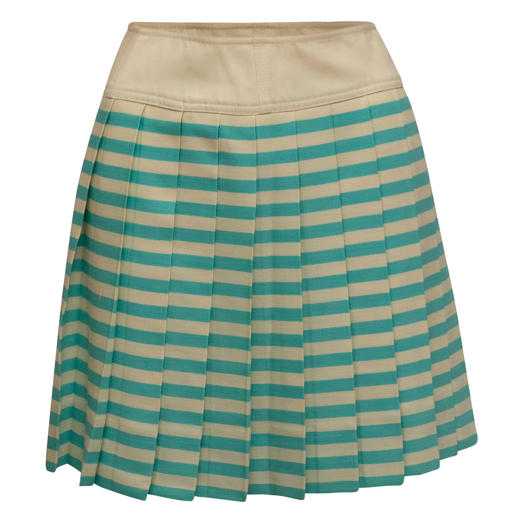 Courreges Cream & Turquoise Wool Pleated Skirt