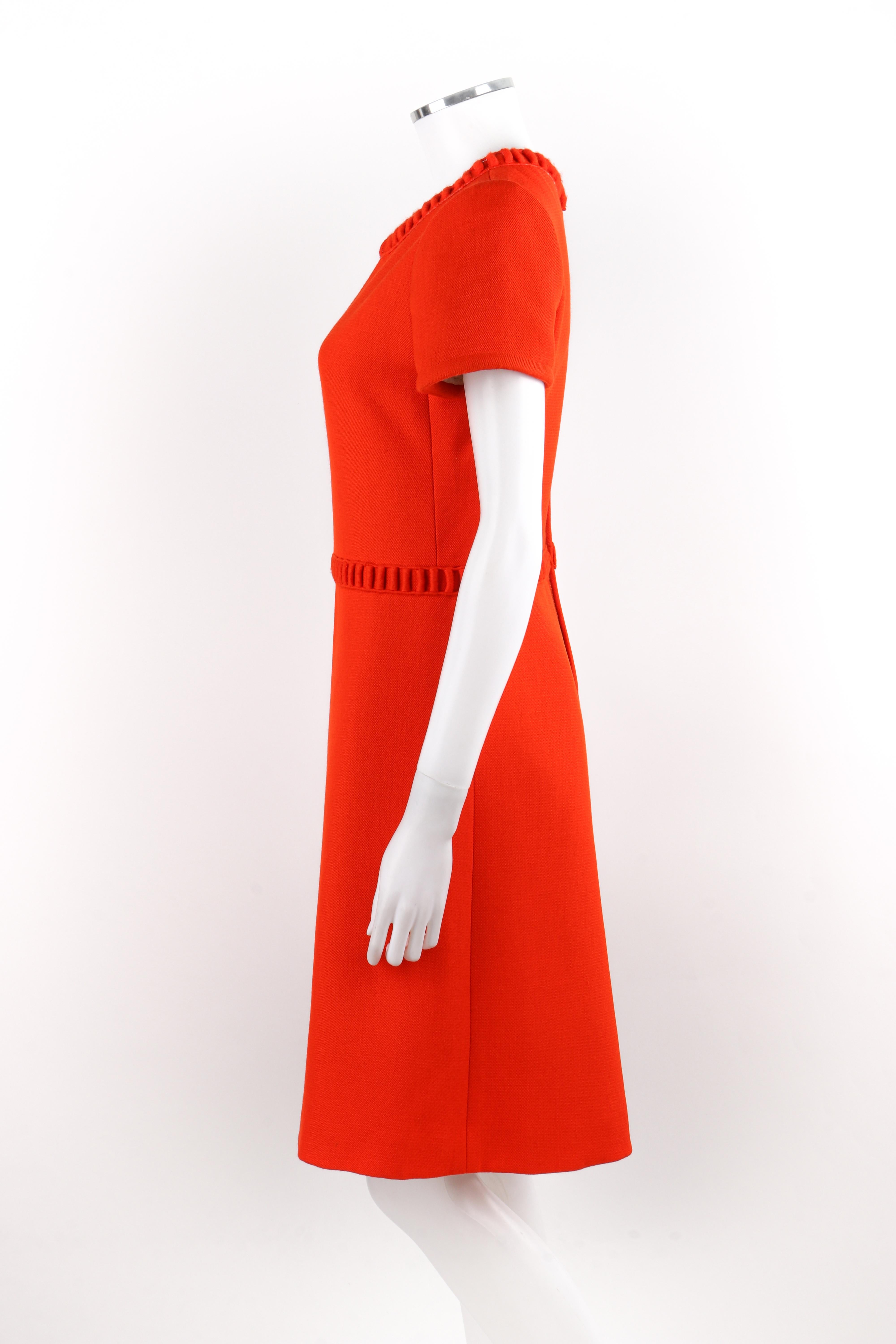 COURREGES Early c.1960's Orange Wool Embroidered Trim Short Sleeve A-Line Dress For Sale 1