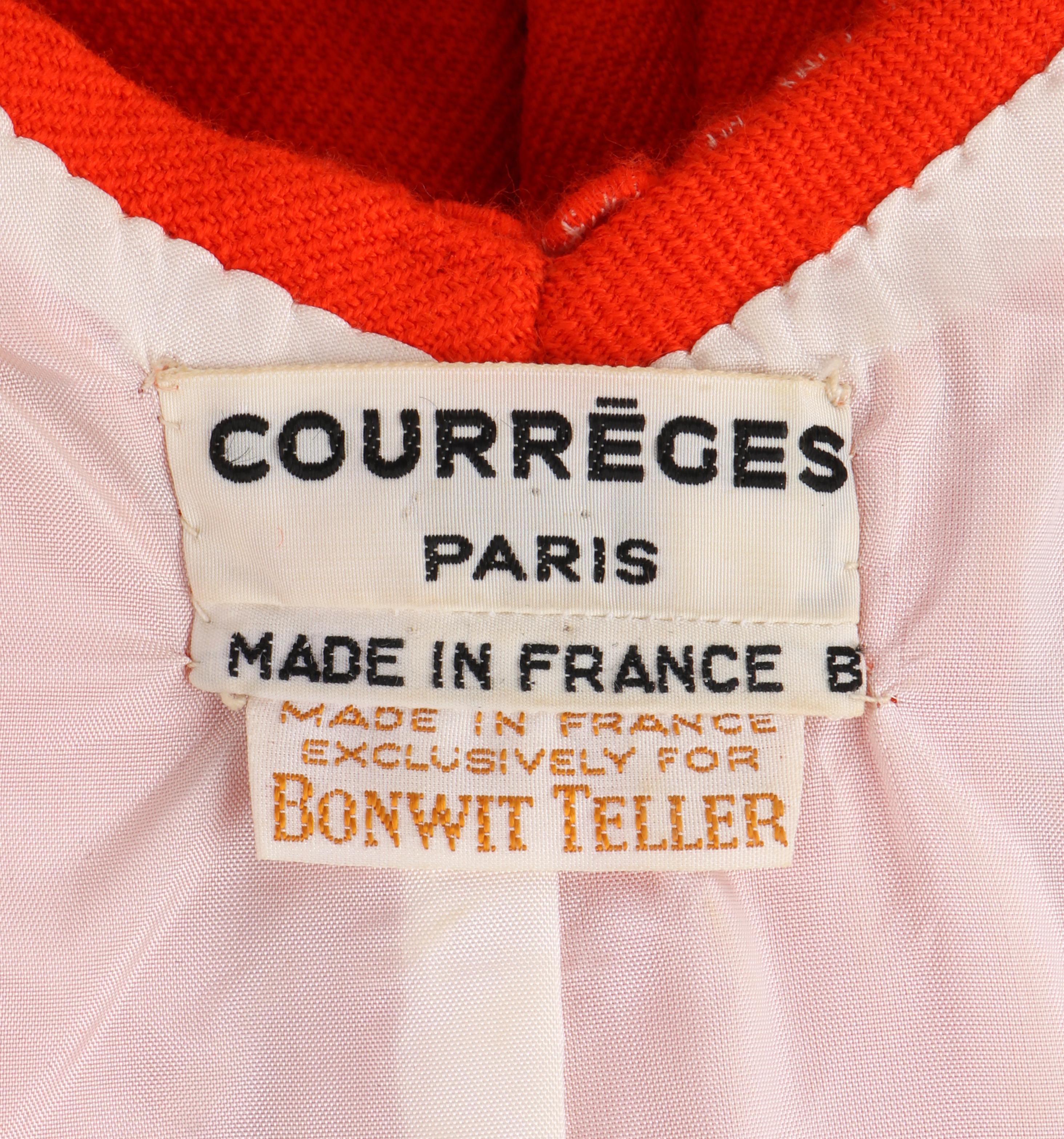 COURREGES Early c.1960's Orange Wool Embroidered Trim Short Sleeve A-Line Dress For Sale 2