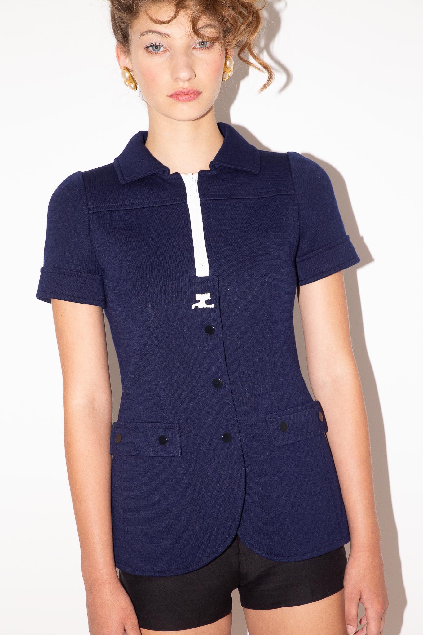 Courreges Hyperbole 70's Logo Oversized Zipper Navy Tunic Top For Sale 1