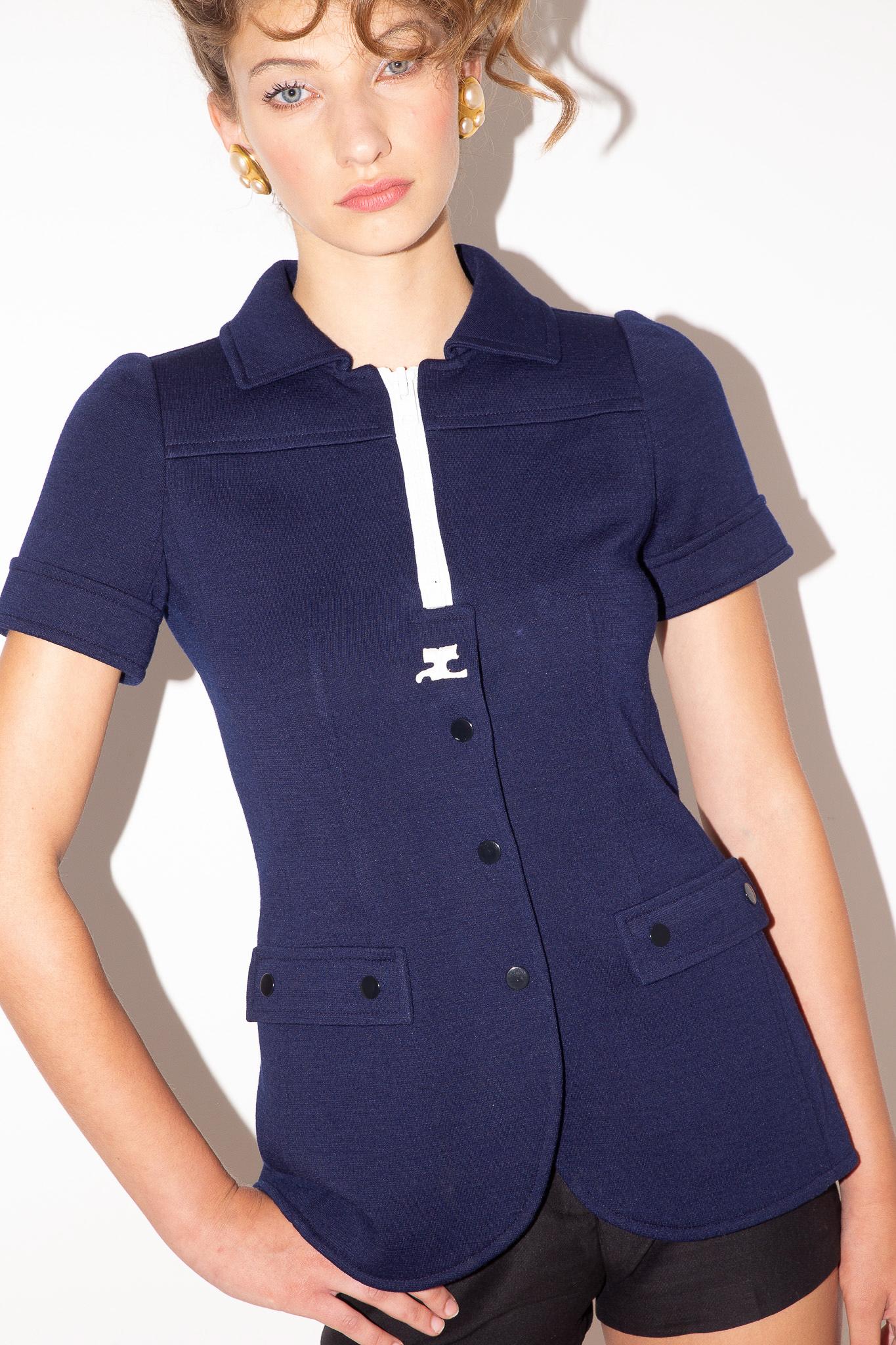 Courreges Hyperbole 70's Logo Oversized Zipper Navy Tunic Top For Sale 2