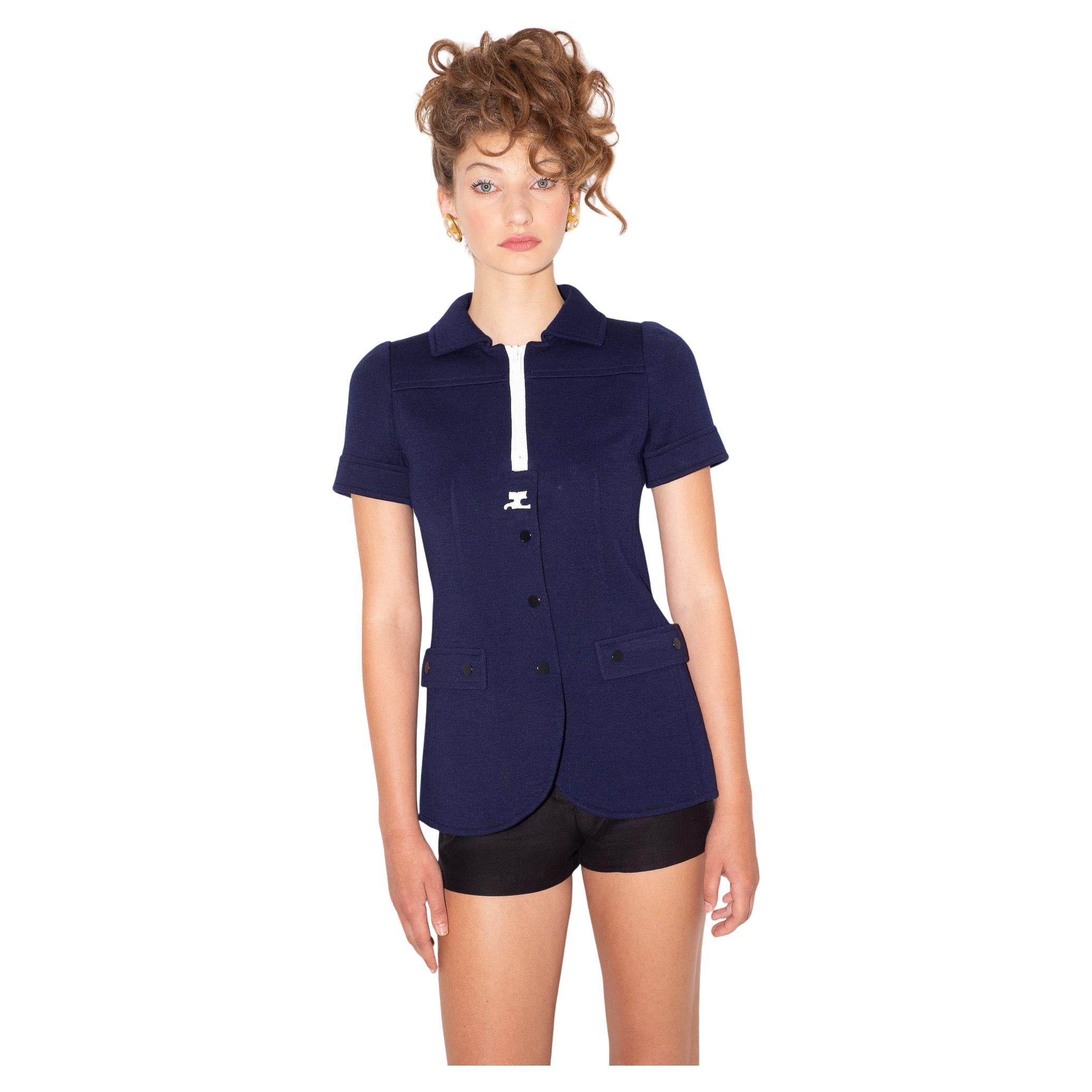 Courreges Hyperbole 70's Logo Oversized Zipper Navy Tunic Top For Sale