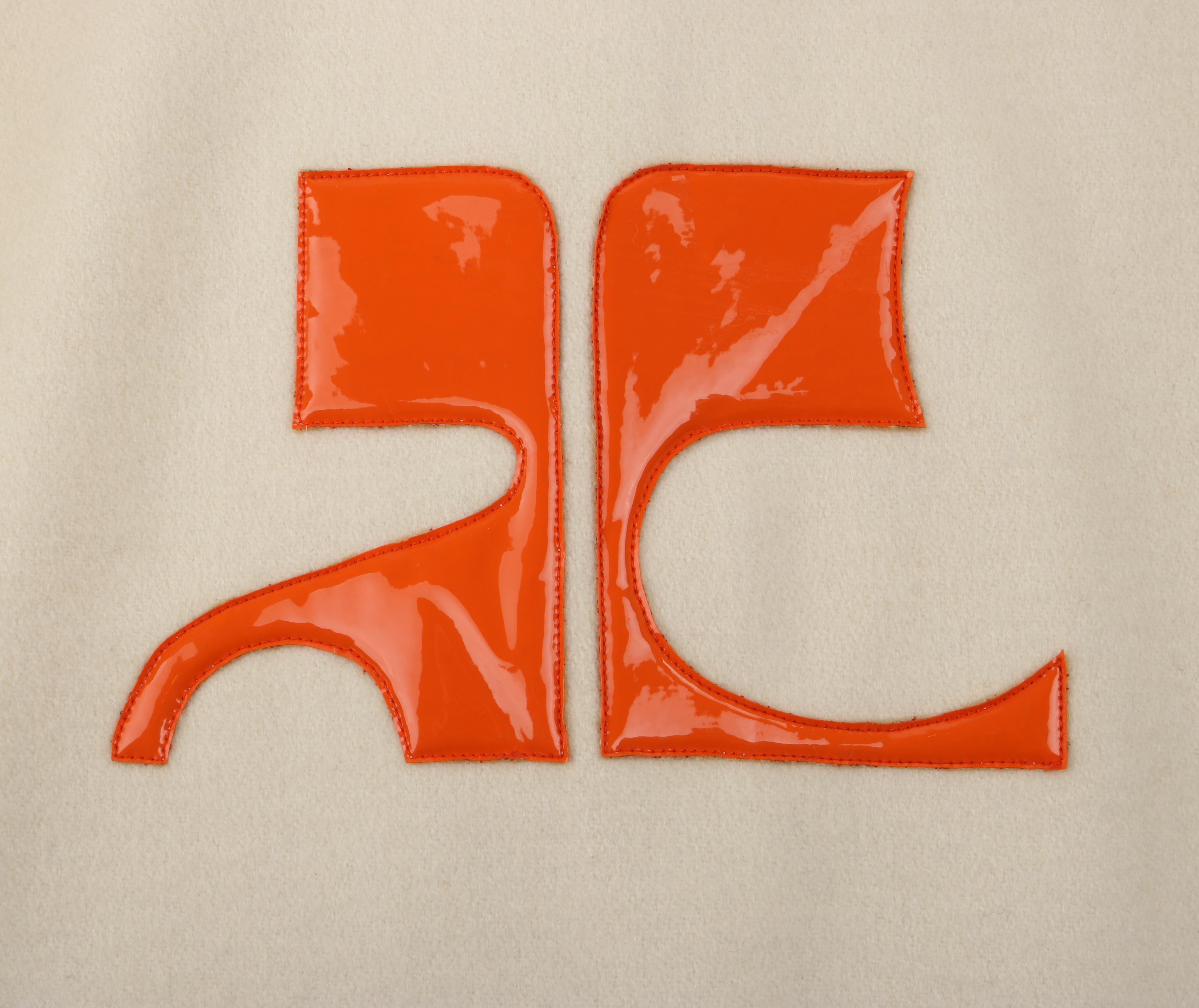 COURREGES Hyperbole c.1970's Ivory Wool Orange Patent Leather Logo Hooded Cape 6