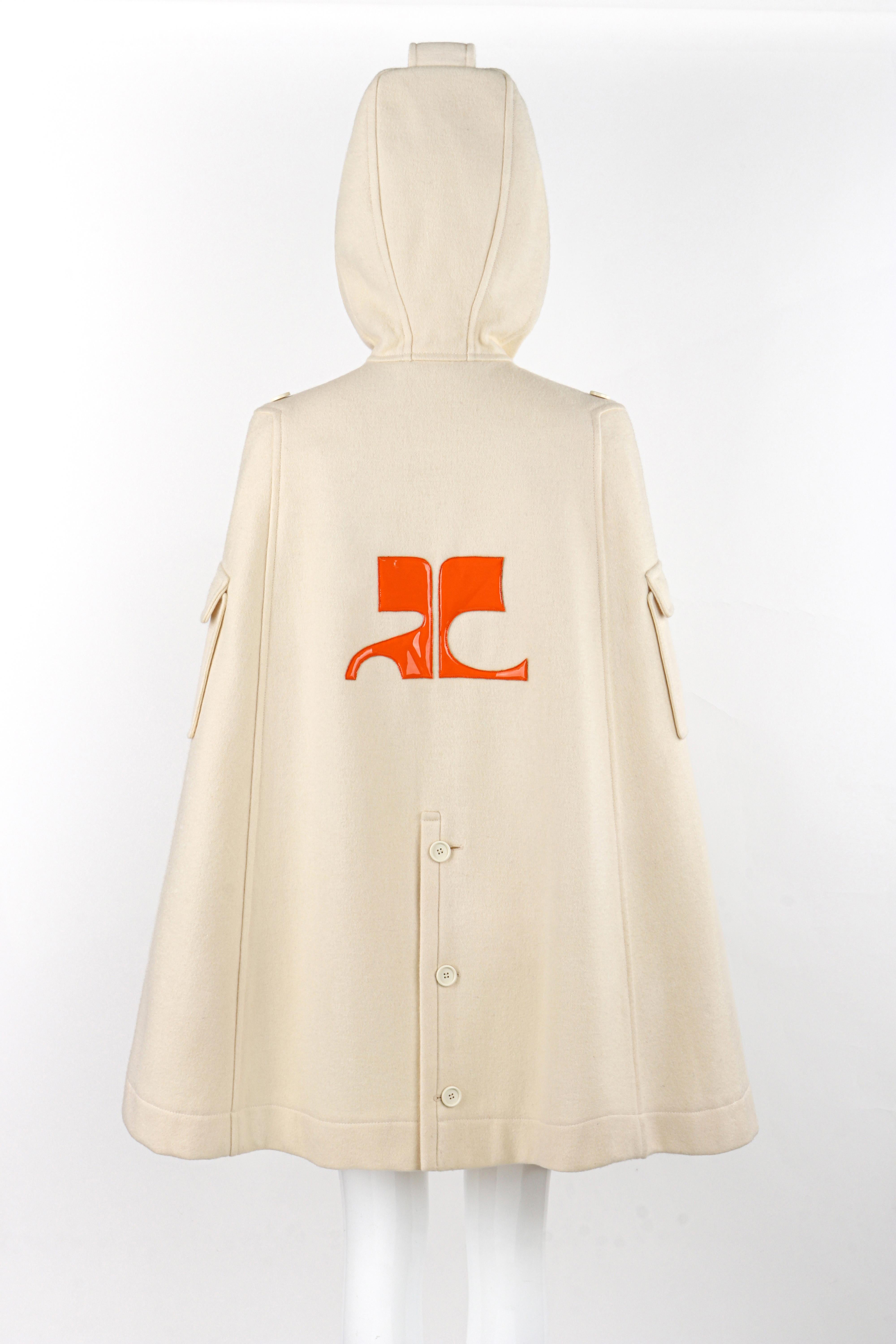 COURREGES Hyperbole c.1970's Ivory Wool Orange Patent Leather Logo Hooded Cape 2
