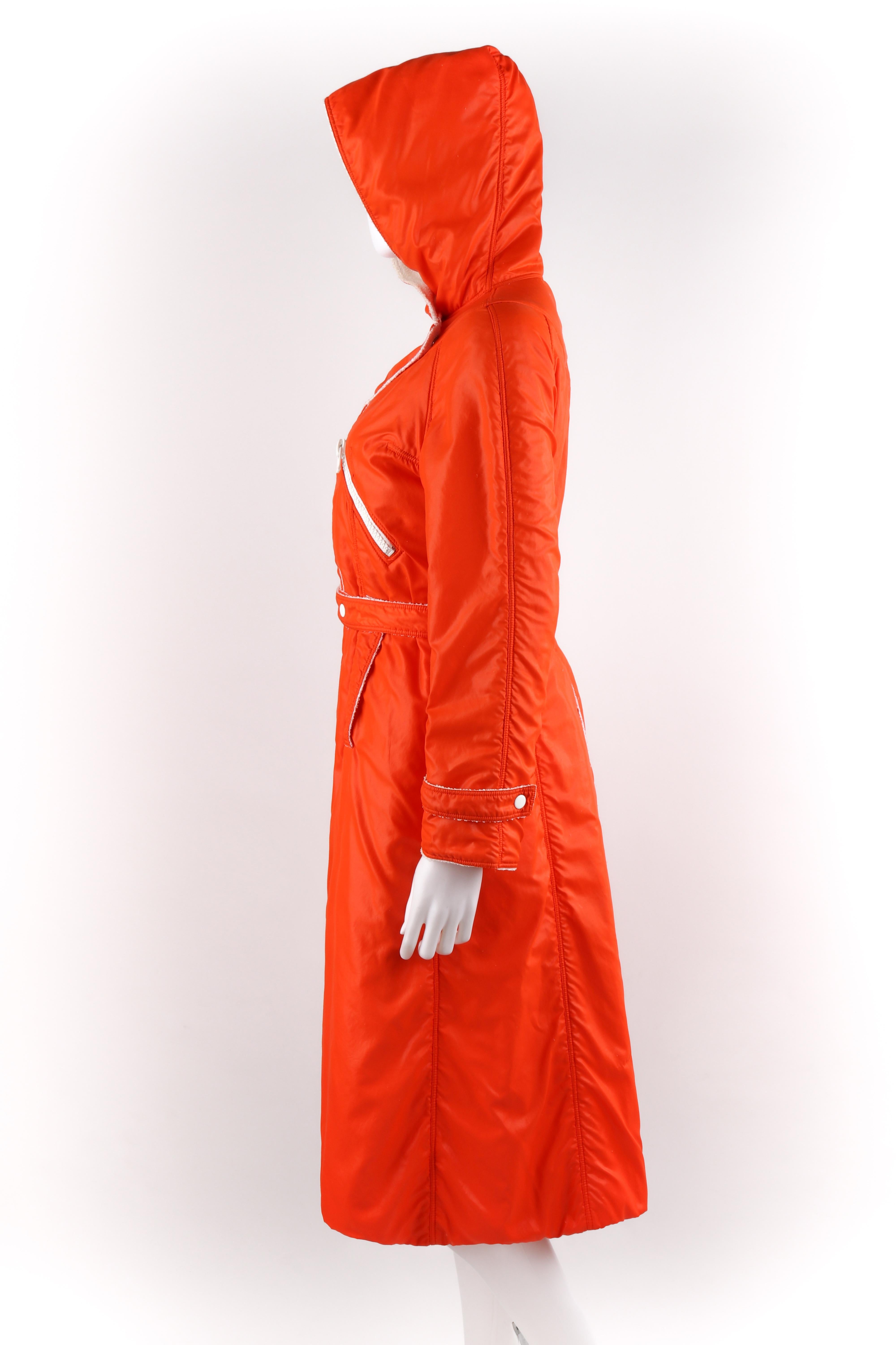 COURREGES Hyperbole c.1970's Orange Hooded Belted Full-Length Coat In Good Condition For Sale In Thiensville, WI