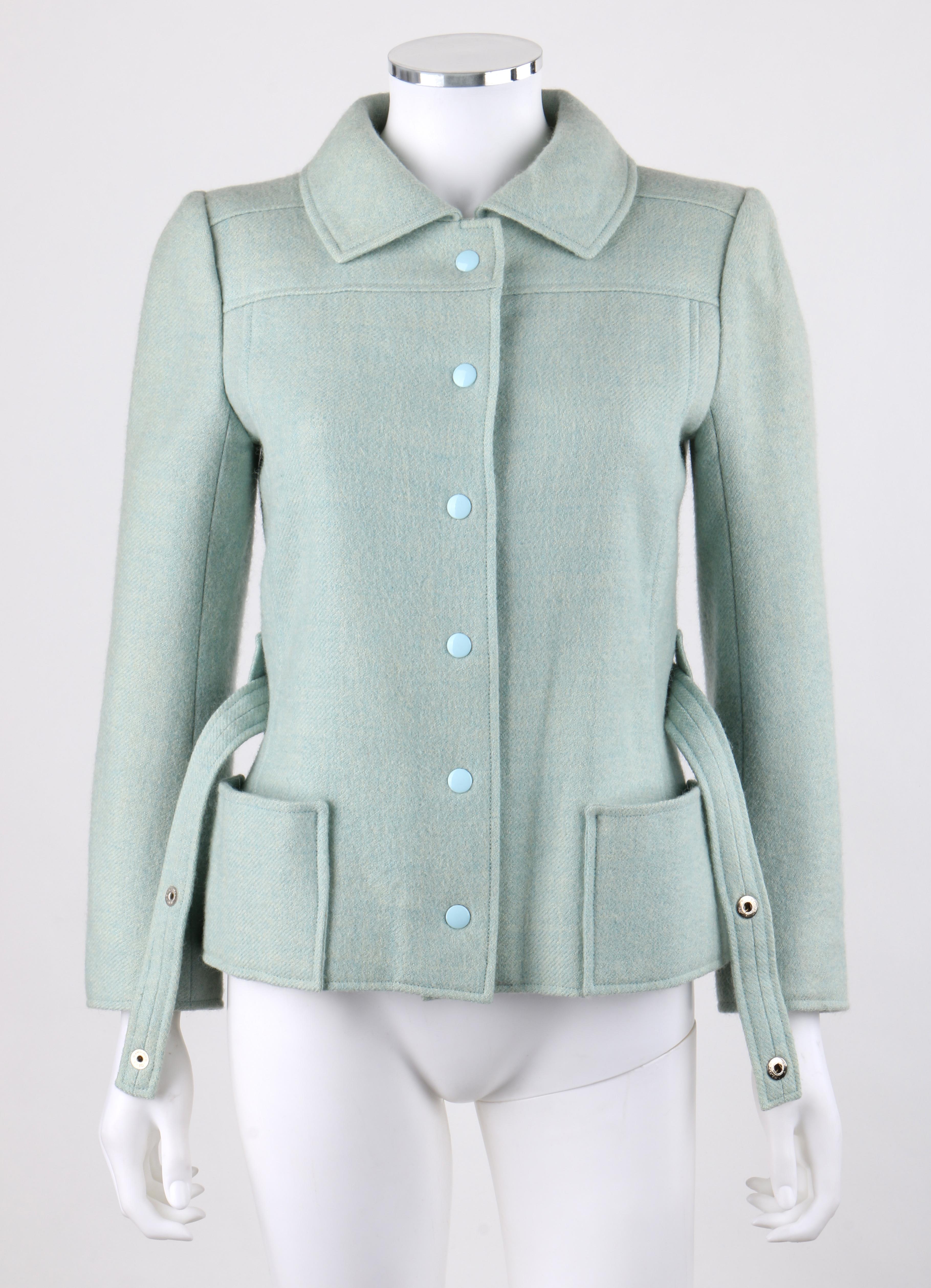 COURREGES Hyperbole c.1970's Sky Blue Snap Front Belted Jacket In Good Condition For Sale In Thiensville, WI