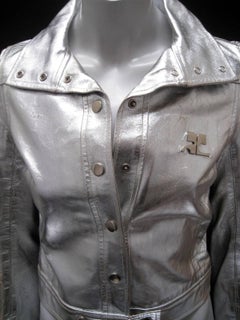 Courreges Iconic 1960's Metallic Silver Leather Logo Jacket