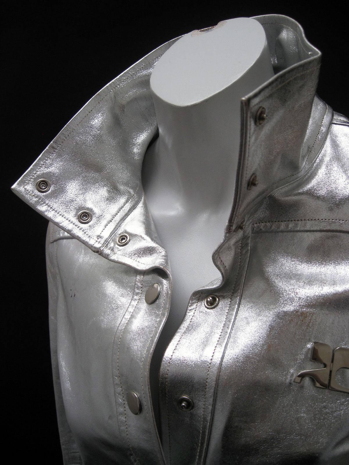 Courreges Iconic 1960's Metallic Silver Leather Logo Jacket at 1stDibs