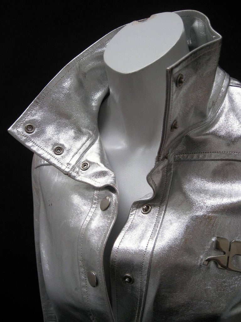 Courreges Iconic 1960's Metallic Silver Leather Logo Jacket at 1stDibs |  courreges leather jacket, courreges jacket, courreges logo chest jacket