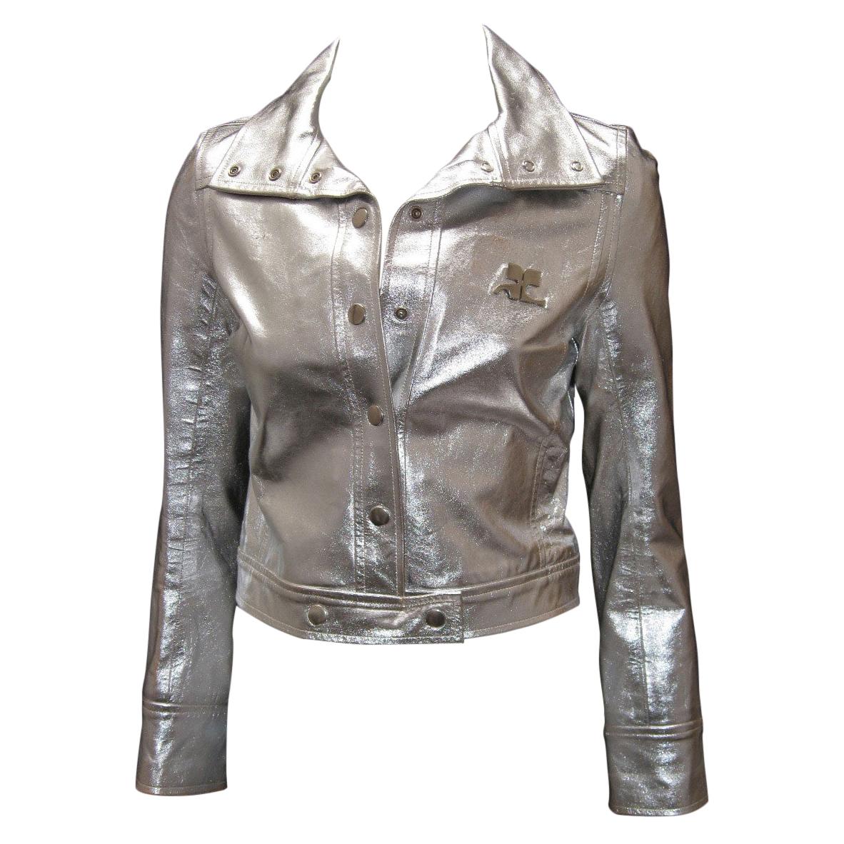 Courreges Iconic 1960's Metallic Silver Leather Logo Jacket