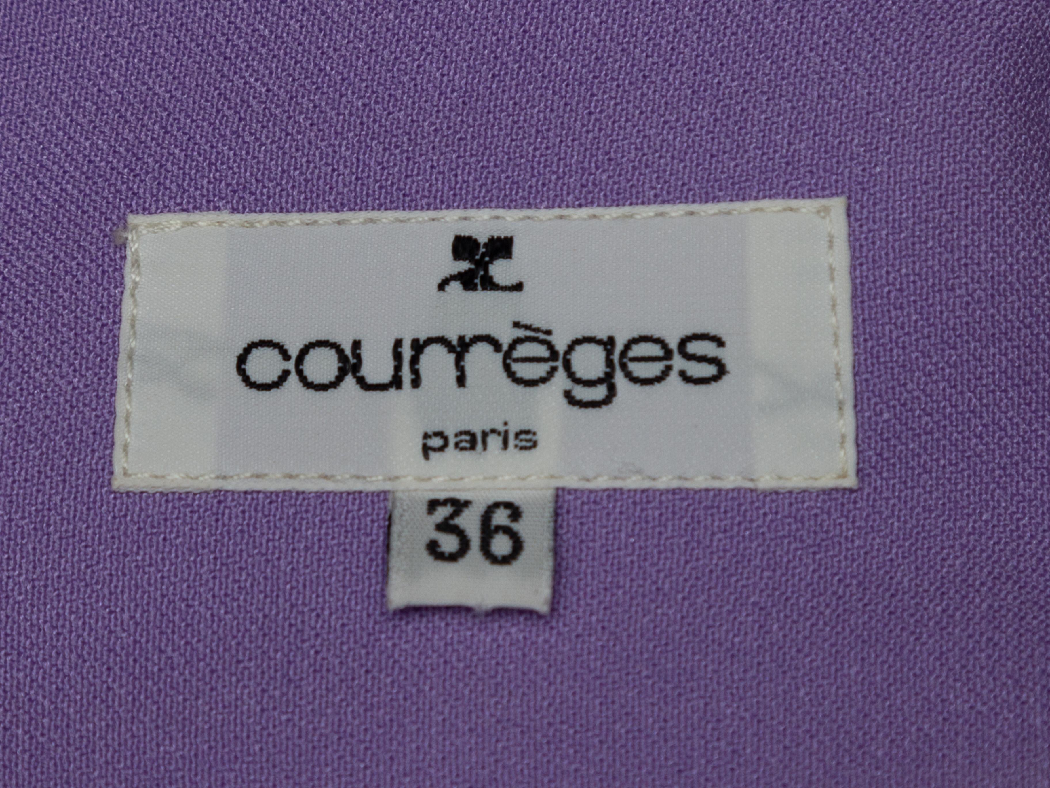 Product details: Vintage lilac sleeveless A-line mini dress by Courreges. Square neckline. Sheer panel trim. Zip closure at side. Designer size 36. 32