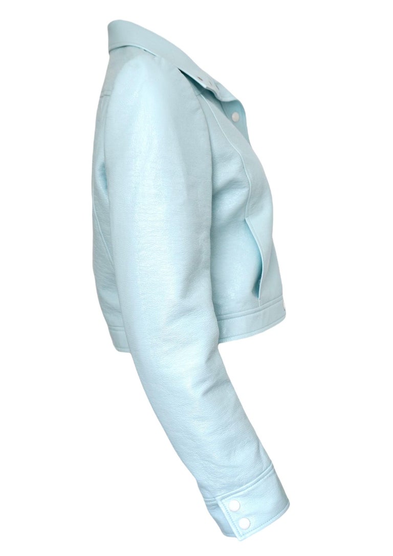 Courrèges Logo Cropped Blue Vinyl Buttoned Jacket sz 42 For Sale