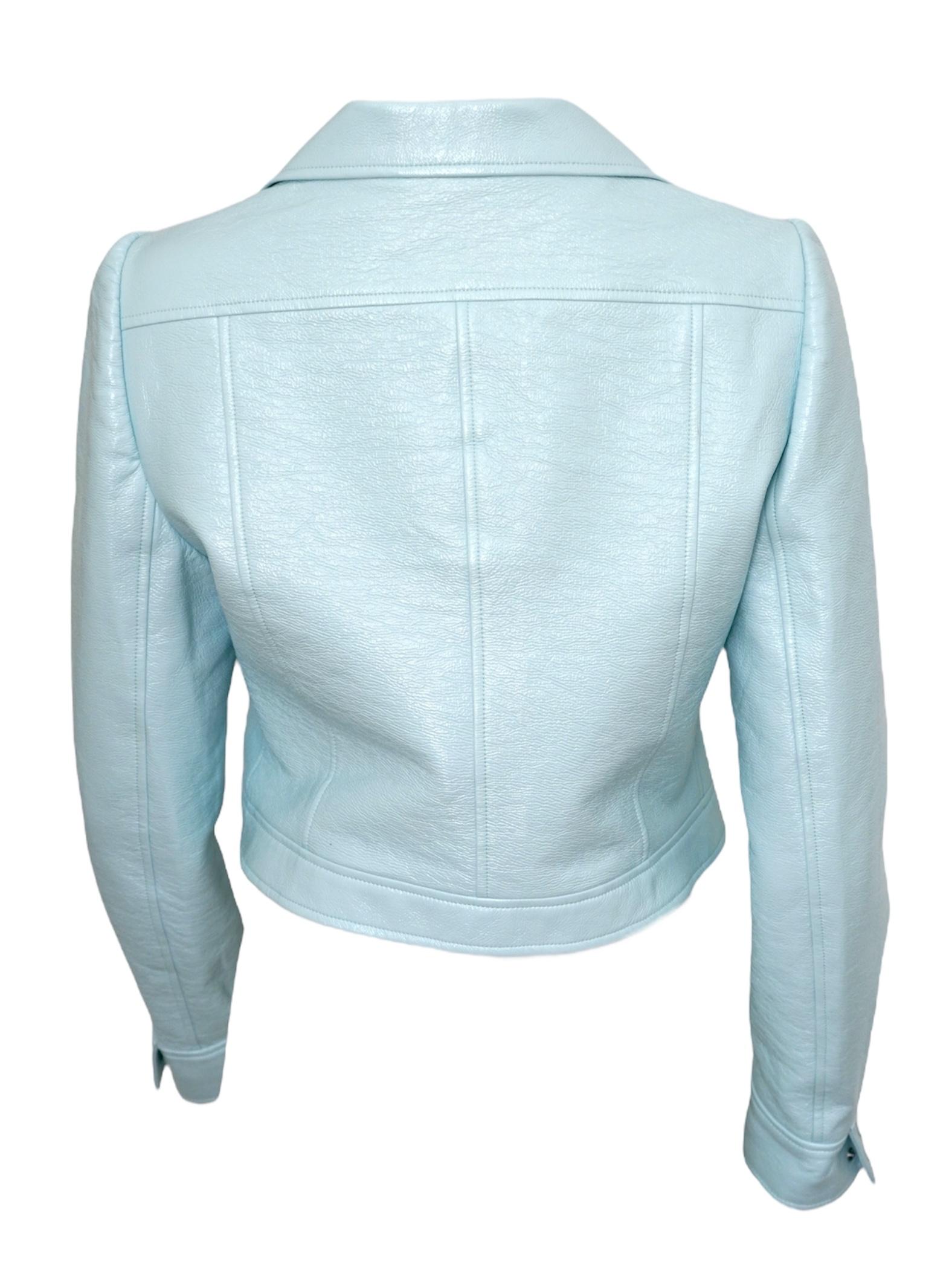 Courrèges Logo Cropped Blue Vinyl Buttoned Jacket sz 42 In Excellent Condition For Sale In Beverly Hills, CA