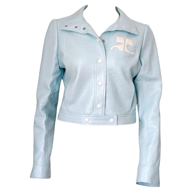Courrèges Logo Cropped Blue Vinyl Buttoned Jacket sz 42 En vente