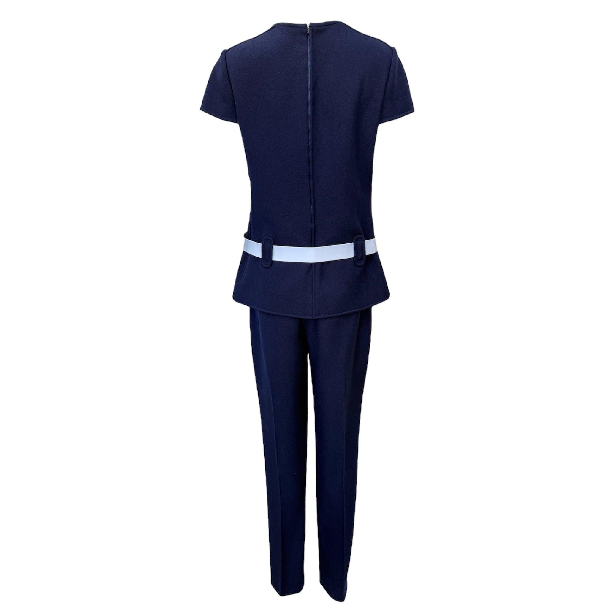 Black Courrèges Mod Navy Blue Wool Pantsuit with Patent White Belt, 1960s For Sale