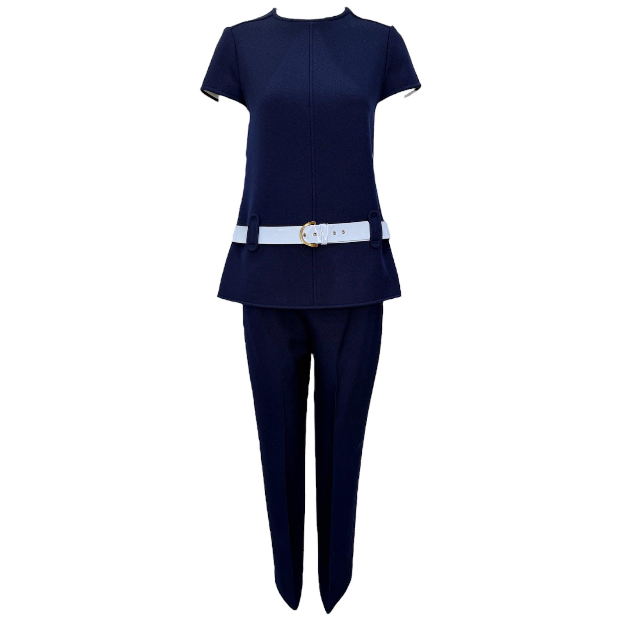 Courrèges Mod Navy Blue Wool Pantsuit with Patent White Belt, 1960s For Sale